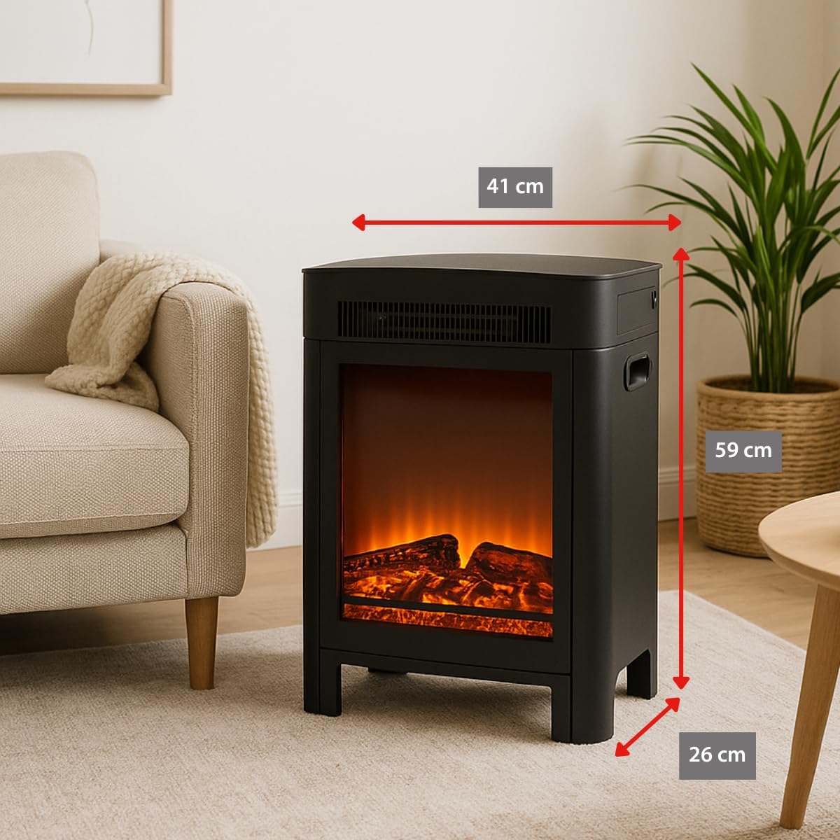 Alpina Lucerne Electric Fireplace with dimensions indicated: 59 cm height, 41 cm depth, 26 cm width.