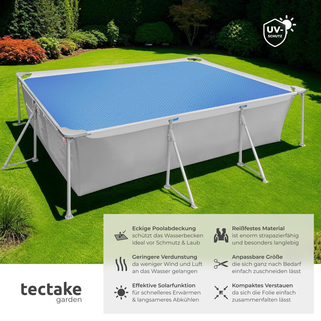 tectake® Poolabdeckung rechteckig, Solarplane Pool rechteckig, Poolzubehör Abdeckplane für Aufstellpool, Pool Garten, Pool Abdeckung mit Noppenfolie als Solar Poolheizung - 3,66x7,32 m
