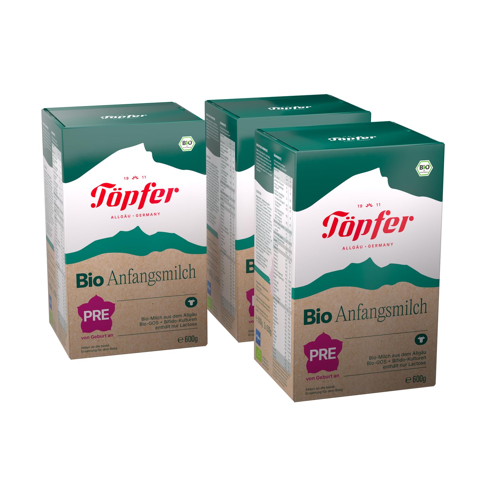 Töpfer Bio Anfangsmilch PRE Säuglingsanfangsnahrung ab Geburt 3x600g GOS Probifido ARA DHA Algenöl