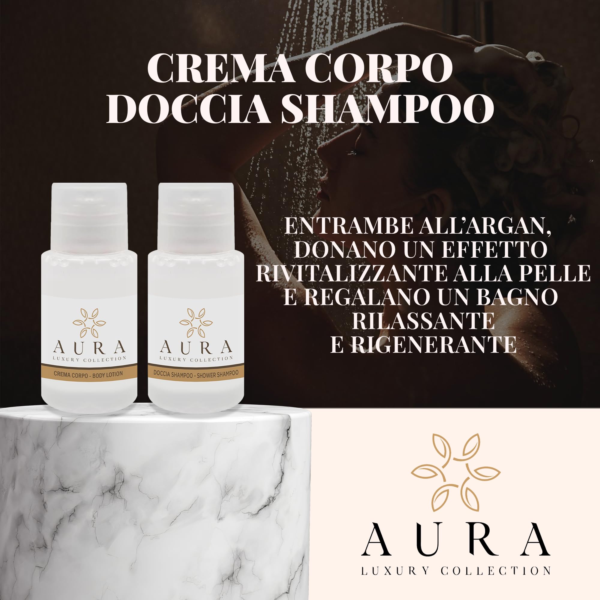 Aura Luxury Collection Zestaw 260 sztuk z kremem do ciała, szampon prysznicowy, luksusowe jednorazowe kapcie, zestaw Vanity, zestaw do golenia, zestaw do higieny jamy ustnej + 500 zespołów