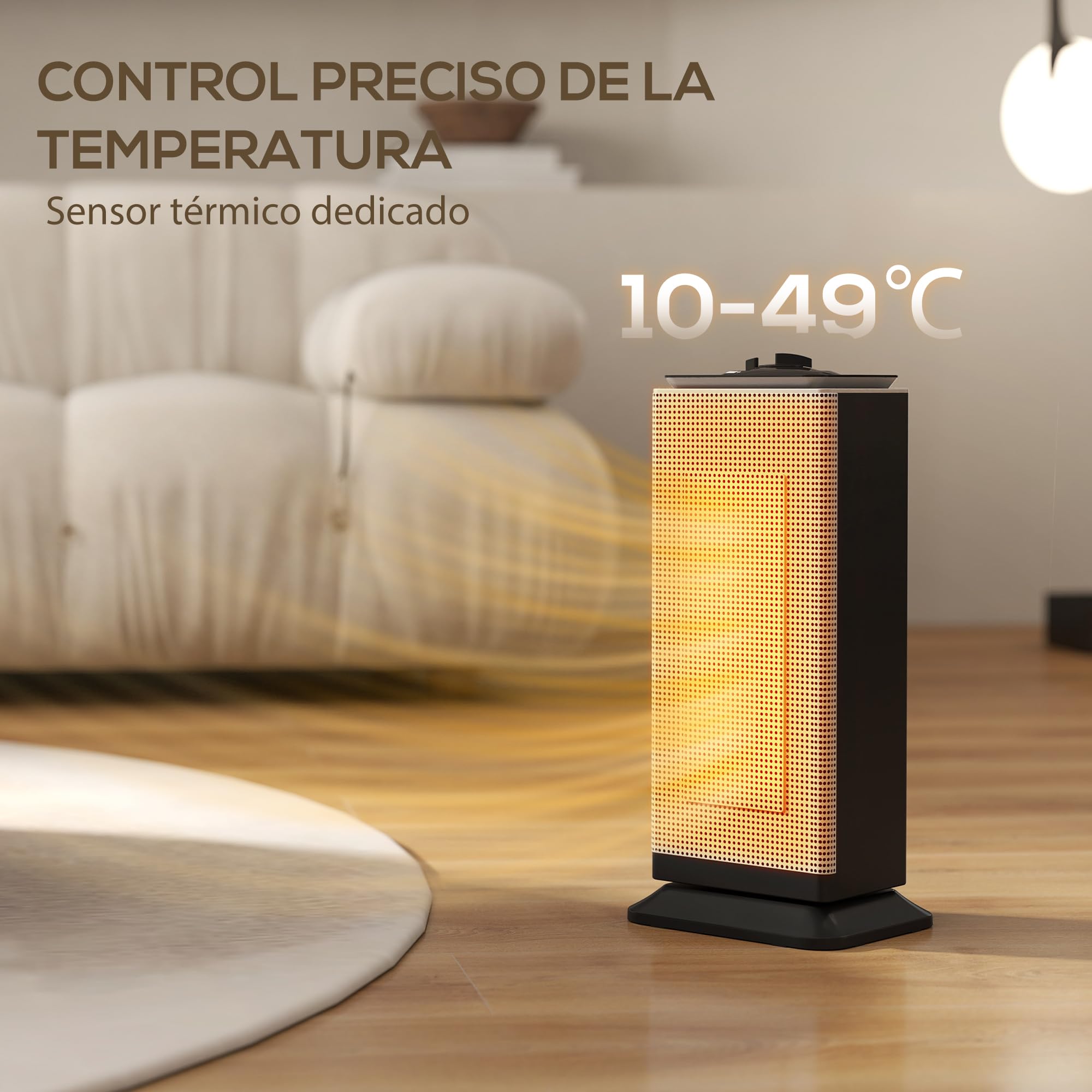 HOMCOM Calefactor Eléctrico Bajo Consumo Cerámico 2000W PTC 3 Modos Negro | Termostato Regulable, Oscilación de 55°, Protección contra Vuelcos y Sobrecalentamiento, para 15㎡ en Dormitorio