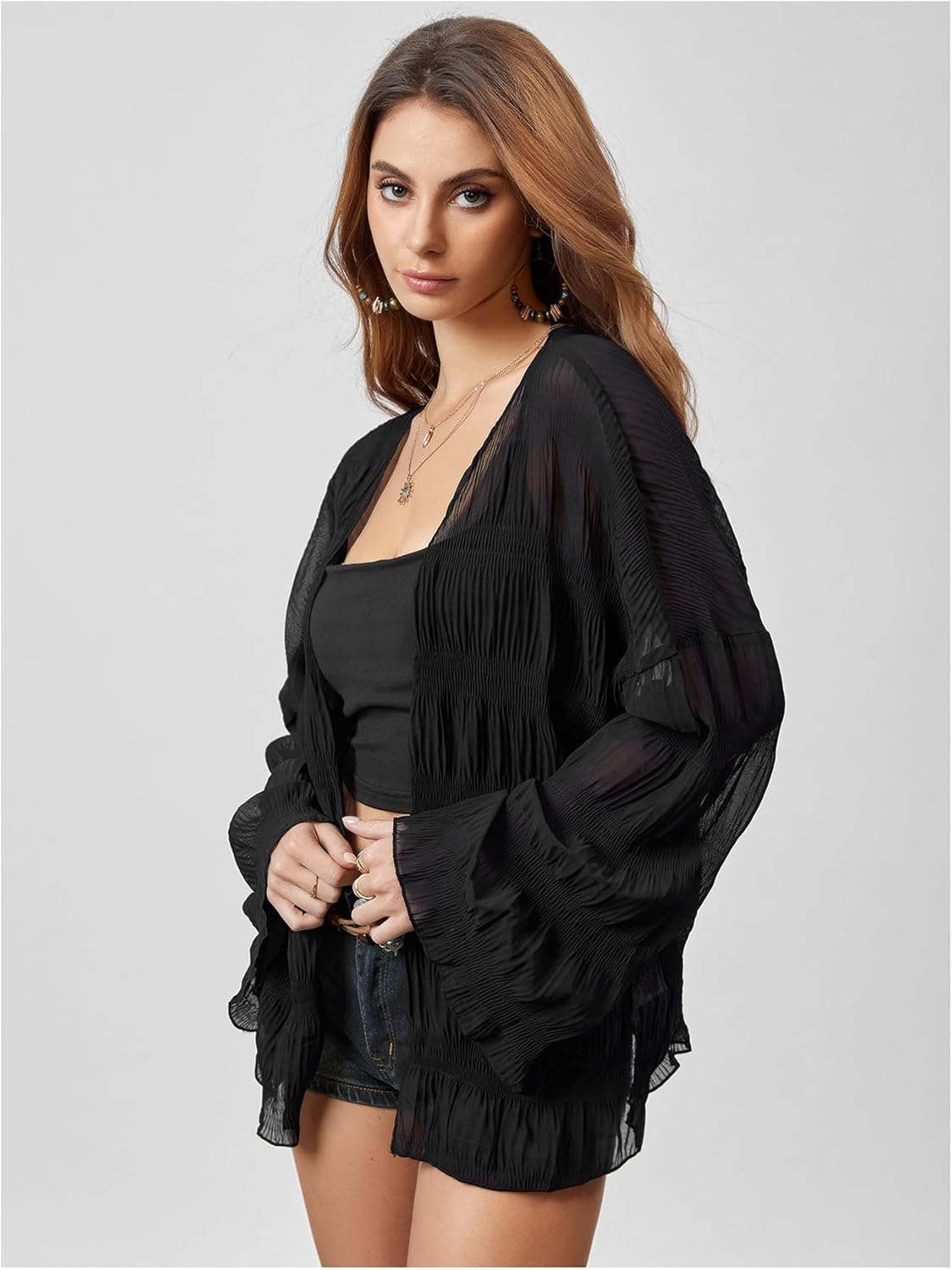 SHENHE Women's Lightweight Kimono Cardigan Bell Sleeve Open Front Loose Textured Cardigan - Image 3