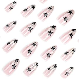 CTTHNBD Press on Nails Almond - Medium Fake Nails with Black Star Design - Glitter Glossy Full Cover Stick on Nails for Women 24 Pcs