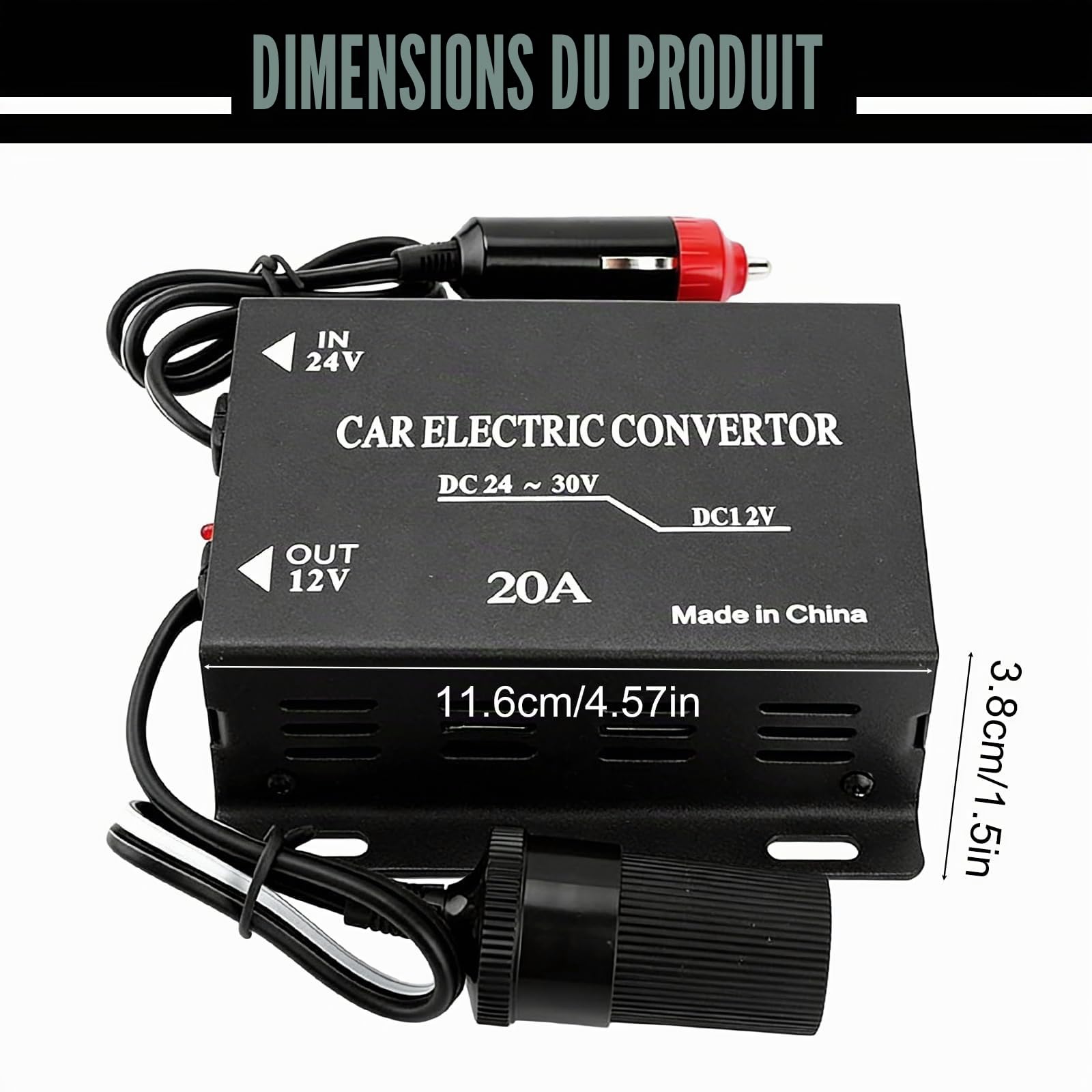 Réducteur De Tension De Voiture, Alimentation Abaisseur Voiture 20a 24v vers 12v, 240W Convertisseur d'alimentation De Voiture avec Prise Allume-Cigare, 20a Transformateur Abaisseur De Tension
