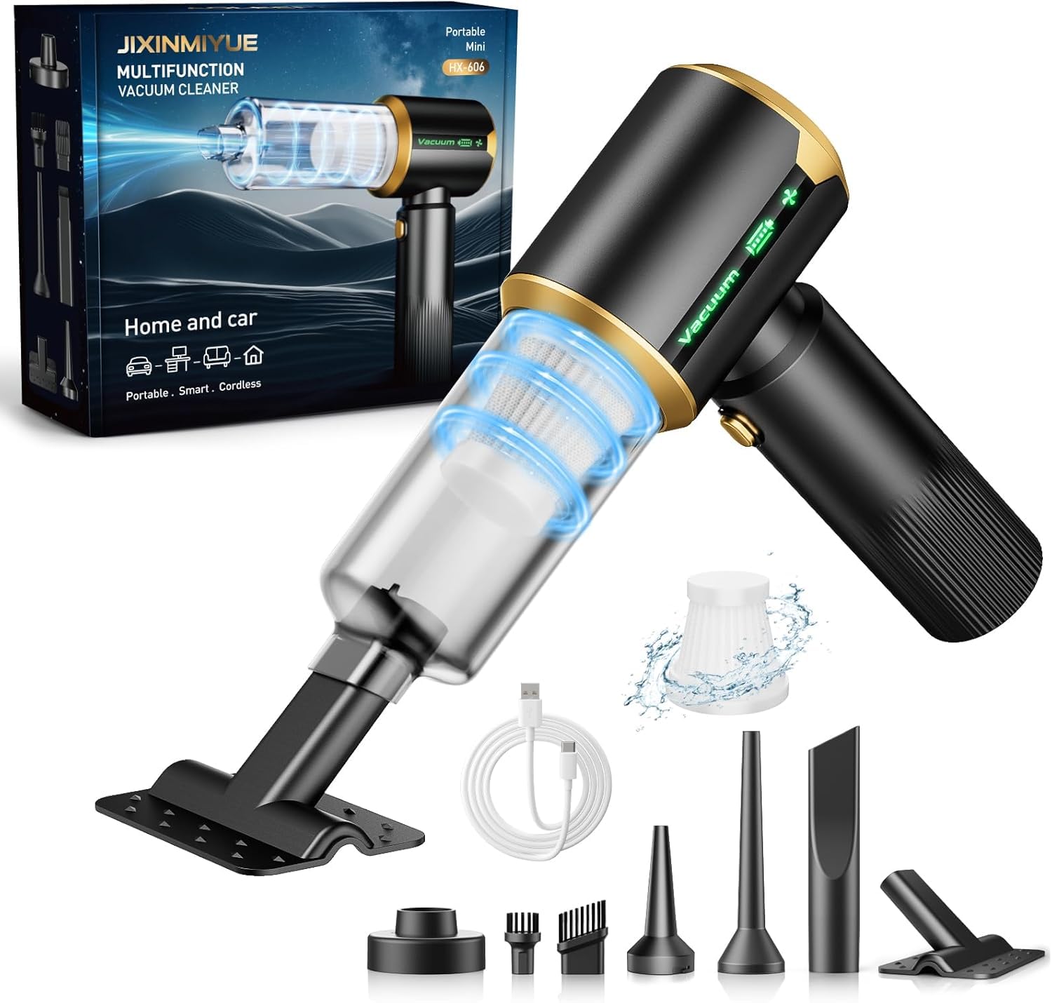 Famgoods Aspirapolvere 25000Pa, aspirapolvere portatile senza fili 4 in 1, 3 livelli e display a LED, 6000 mAh batteria aspirapolvere auto, mini aspirapolvere portatile per casa, auto e ufficio