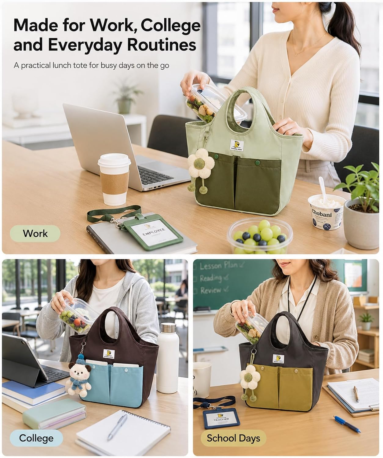 Lunch Tote Bag for Women, Stylish Insulated Lunch Bag with Multiple Pockets & Wide Opening, Cute Work Lunch Box for Office, College & Daily Commute, Charm Not Included, Mocha Blue image 2