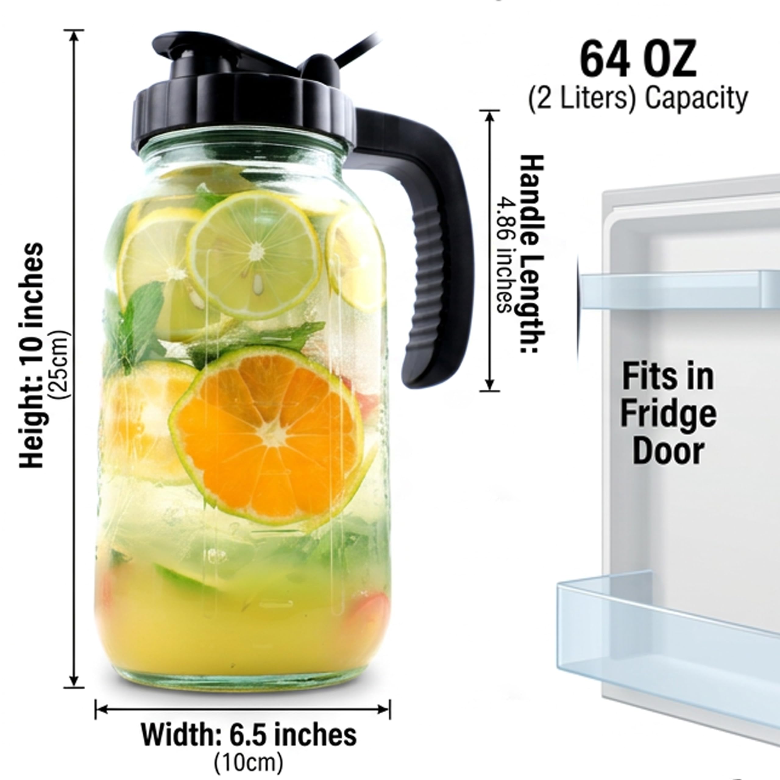 Jarra Mason Jar de 64 onzas, juego de 2 tarros de vidrio con boquilla de 2 cuartos de galón de boca ancha, jarra de medio galón para preparación fría, refrigerador, tienda de leche materna, bebidas,