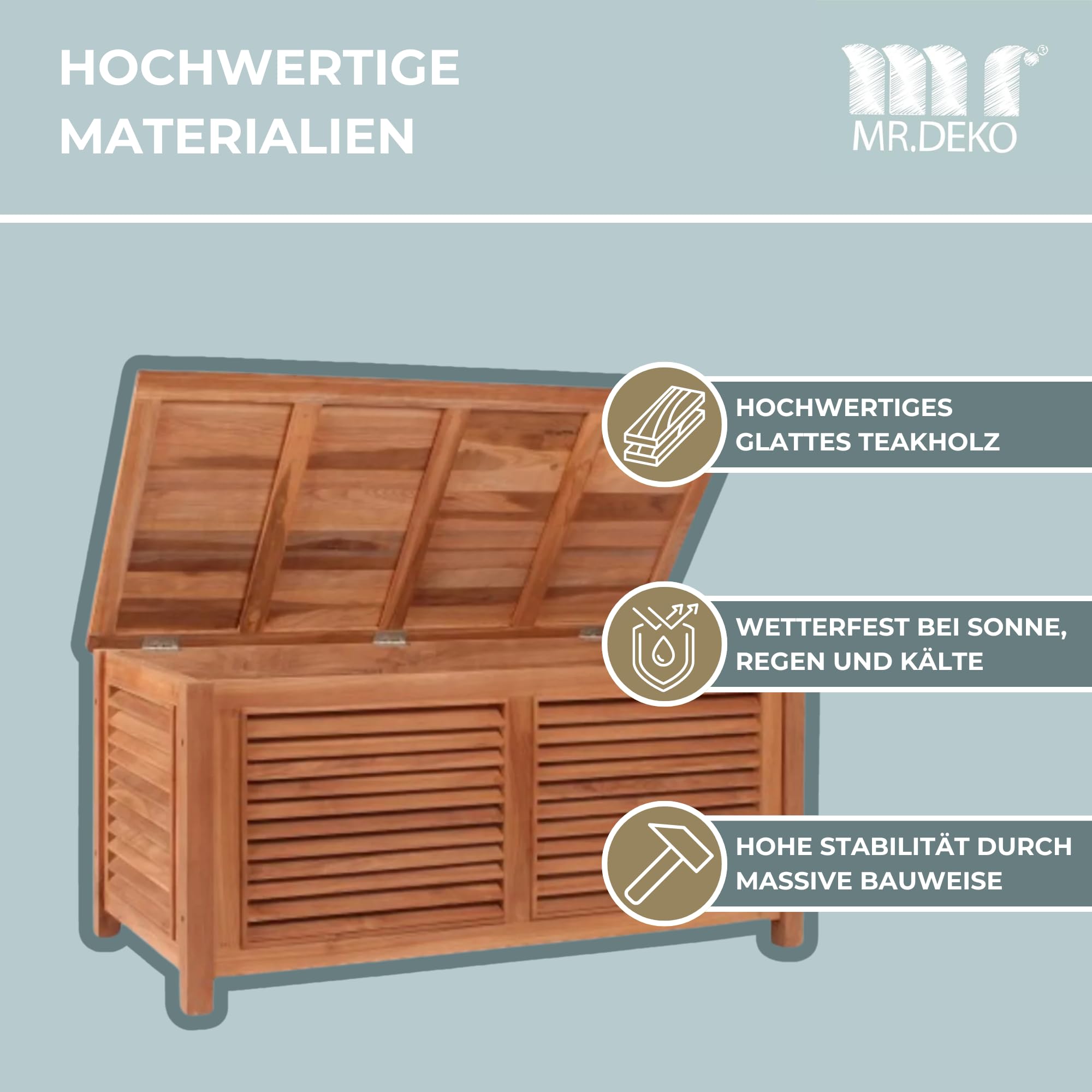 MR. DEKO Gartenbox Teak 430L | Balkon Aufbewahrung 124cm | Auflagenbox | Truhe wetterfest Outdoor