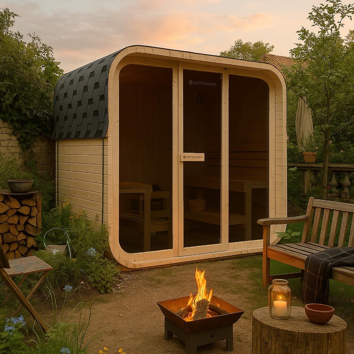 Outdoor Cubesauna Holz Sauna Finnland 228x180 cm – Gartensauna Komplett Set für 6 Personen mit 9 kW Saunaofen, LED Licht, Saunazubehör & Bitumen Dachschindeln