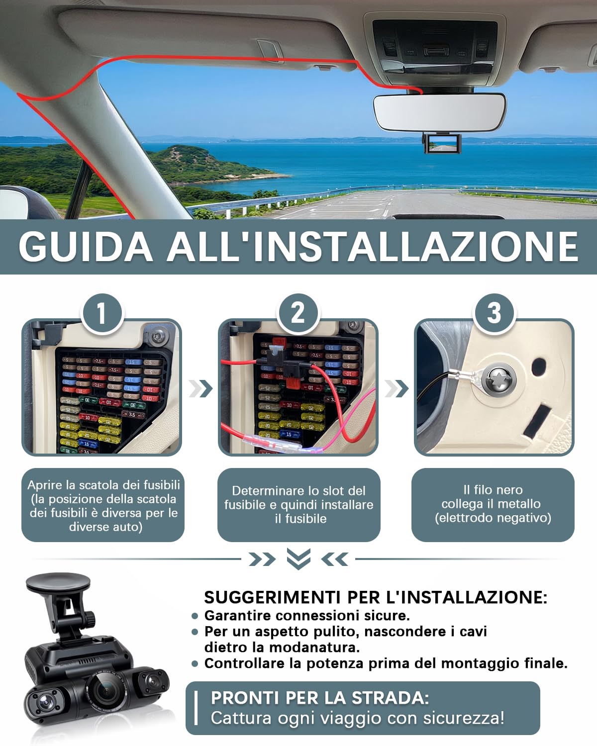 Kit Cablaggio USB-C, Dash Cam Hardwire Kit con 4 Tipi/8 Fusibili Adattatori, Cavo Tap e Strumento di Installazione 4m/13.12ft 12V/24V a 5V/2.5A Auto Cavo di Ricarica Kit