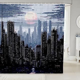 Modern City Shower Curtain,Pixel Style Urban Building Bath Curtains Kids Boys Teens Men Video Games Waterproof Quick Dry Fabrics Grey Black Chic Bathroom Decor Curtain with 12 Hooks,72" W x 78" L