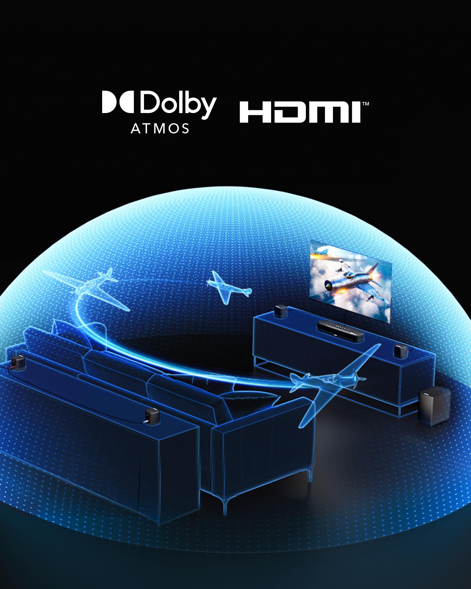 ULTIMEA 7.1-kanałowy system dźwięku przestrzennego do TV, Dolby Atmos Soundbar z 4 głośnikami Surround, VoiceMX, BassMX, 420 W, soundbar do Smart TV, HDMI eARC, sterowanie aplikacją, Aura A60 Pro