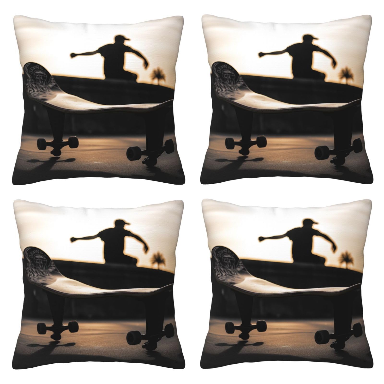 Skateboard print Throw Pillow Cases 4 Pack Square Pillowcases Super Soft Pillow Protectors With Zipper for Couch Livingroom Sofa Bed Office Car,45x45 CM