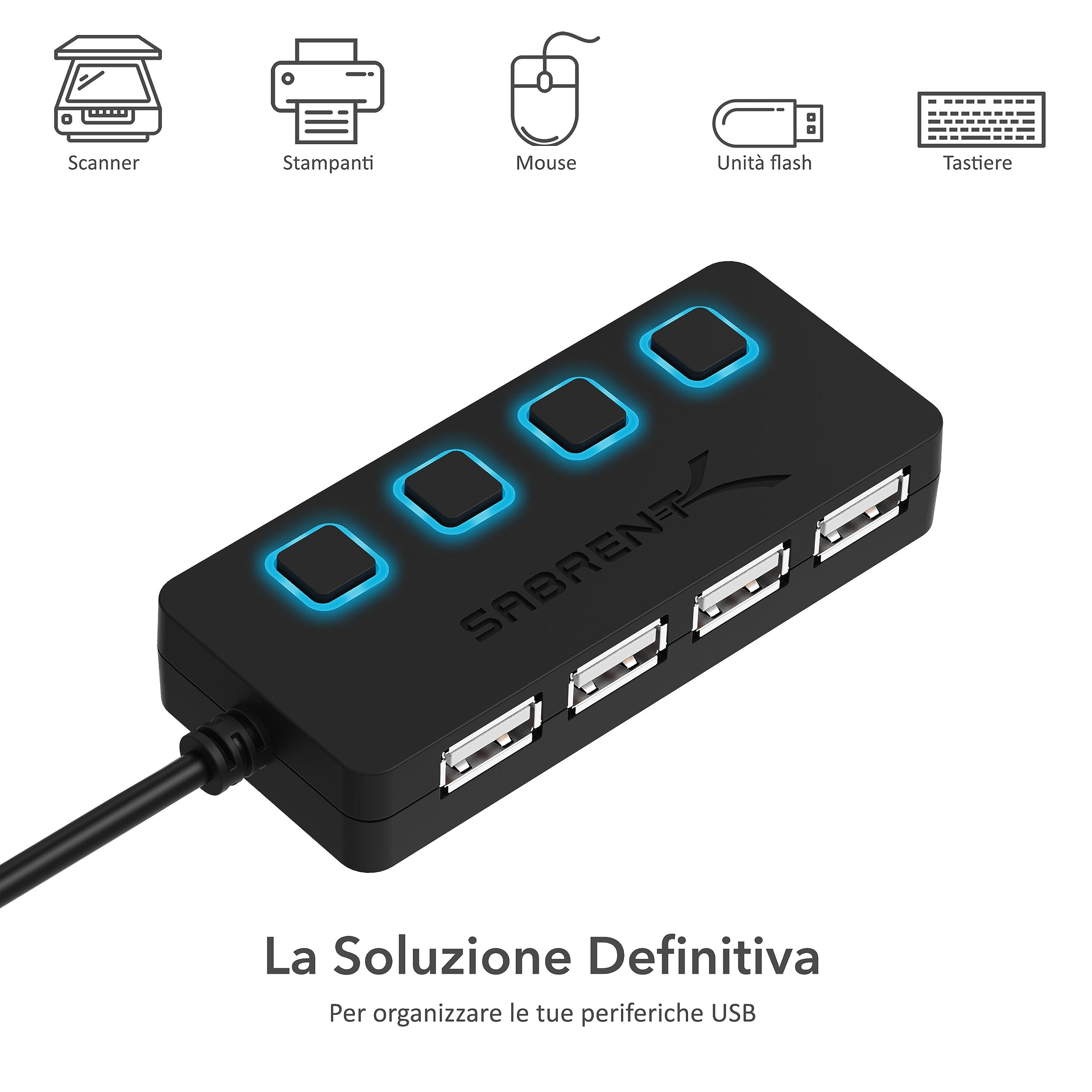 Sabrent Hub USB 2.0 a 4 Porte con Interruttori di Alimentazione singoli e LED (HB-UMLS)