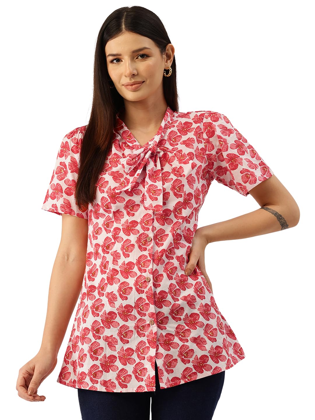 feranoid Elegant Bow Collar Cotton Shirt for Women - Stylish & Comfortable (S-XXL)-picture-1