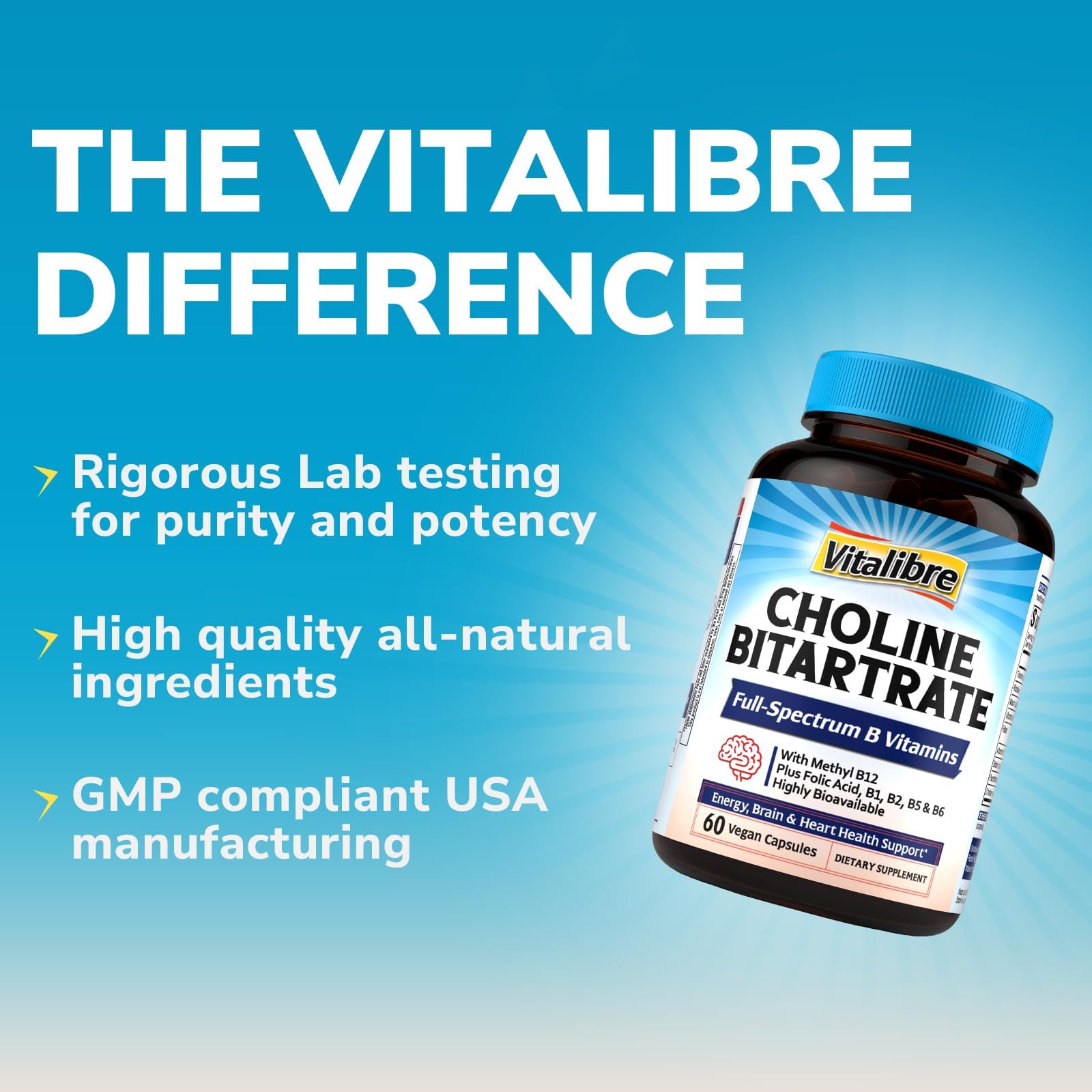 Vitalibre Choline Bitartrate 300mg Supplements, with Folate, Methyl B12, Niacinamide, Non-GMO Bioavailable Complex, Energy, Brain, Liver Support, 60 Vegan Caps — Amazon image 7