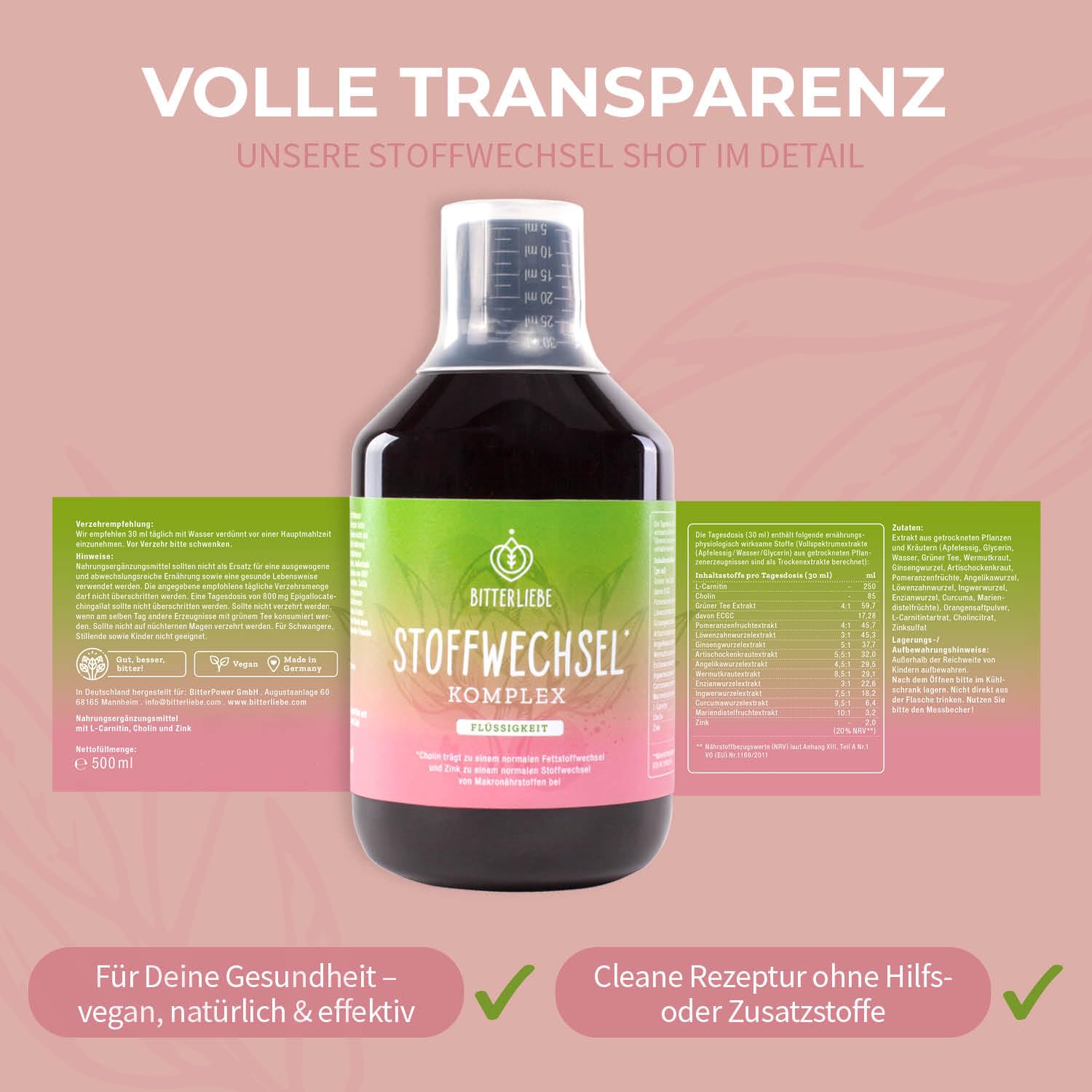 BitterLiebe Stoffwechsel * Shot - Mariendistel Artischocke Löwenzahn und L Carnitin zum Stoffwechsel beschleunigen * - Stoffwechselkur * mit Zink, Cholin und Bitterstoffe