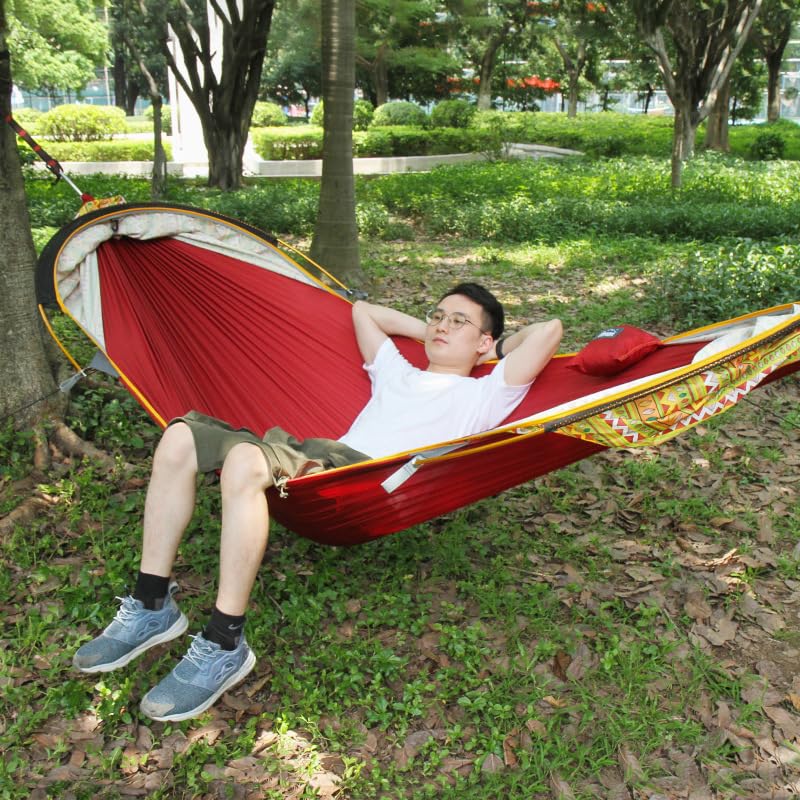 Hamaca de camping al aire libre con mosquitera, diseño antivuelco, tela de paracaídas, ligera y portátil para viajes y uso en el patio trasero
