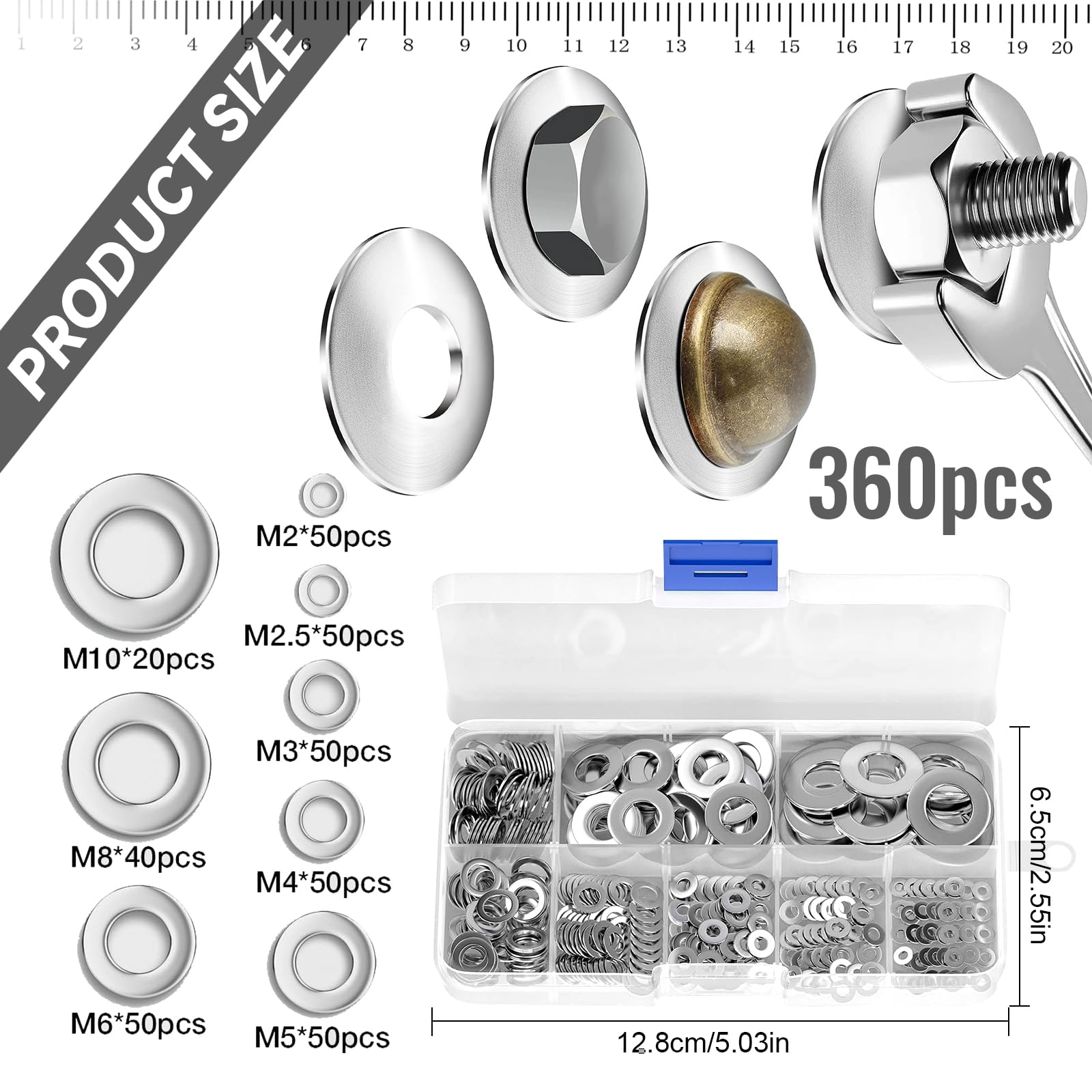 Flat Washers, 360 Pieces Washers 8 Sizes Stainless Steel Flat and Lock Washers Assortment Set for Screws Bolts - Image 2
