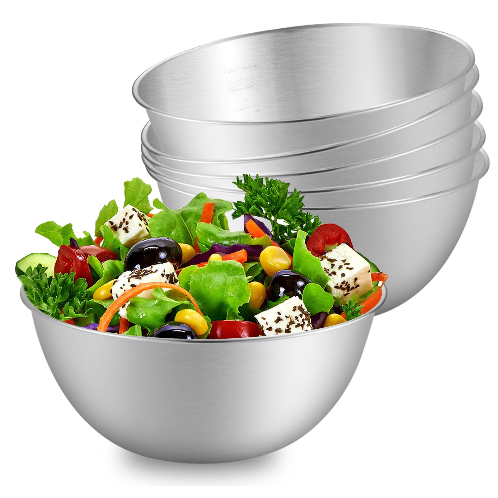 Set Di 6 Ciotole in Acciaio Inox, Ciotola Insalatiera, Ciotole Acciaio Inox con Misurazione, Lavabili in Lavastoviglie, Impilabili, per Ciotola di Cereali, Salse, Snack, Mescolare (1.2L, Ø 19.3 cm)