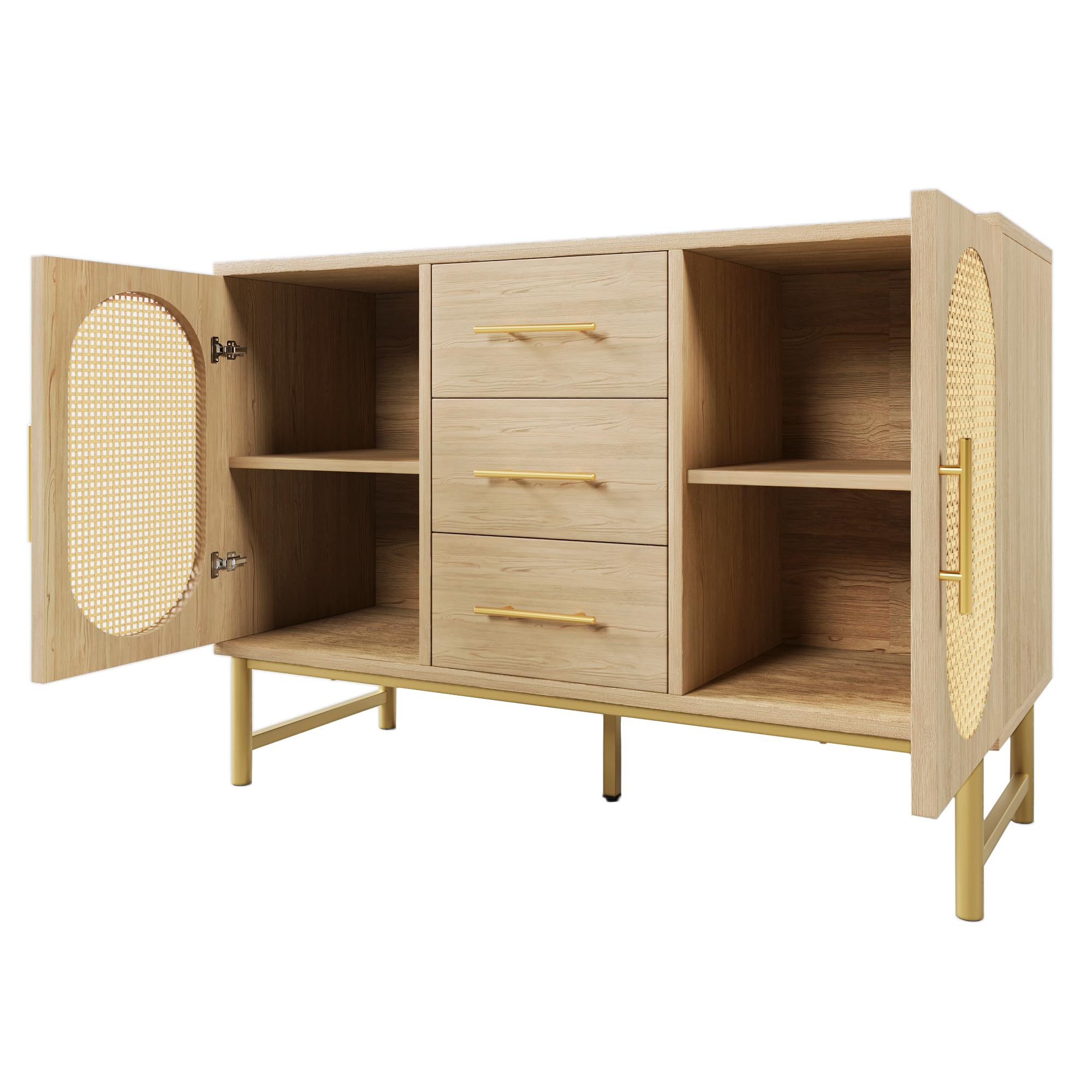 Komoda rattanowa, komoda z 3 szufladami i 2-drzwiowa, szafa komodowa, toaletka, do sypialni i salonu, regulowane półki, ochrona przed przewróceniem, 120 x 40 x 74 cm, dąb Sonoma
