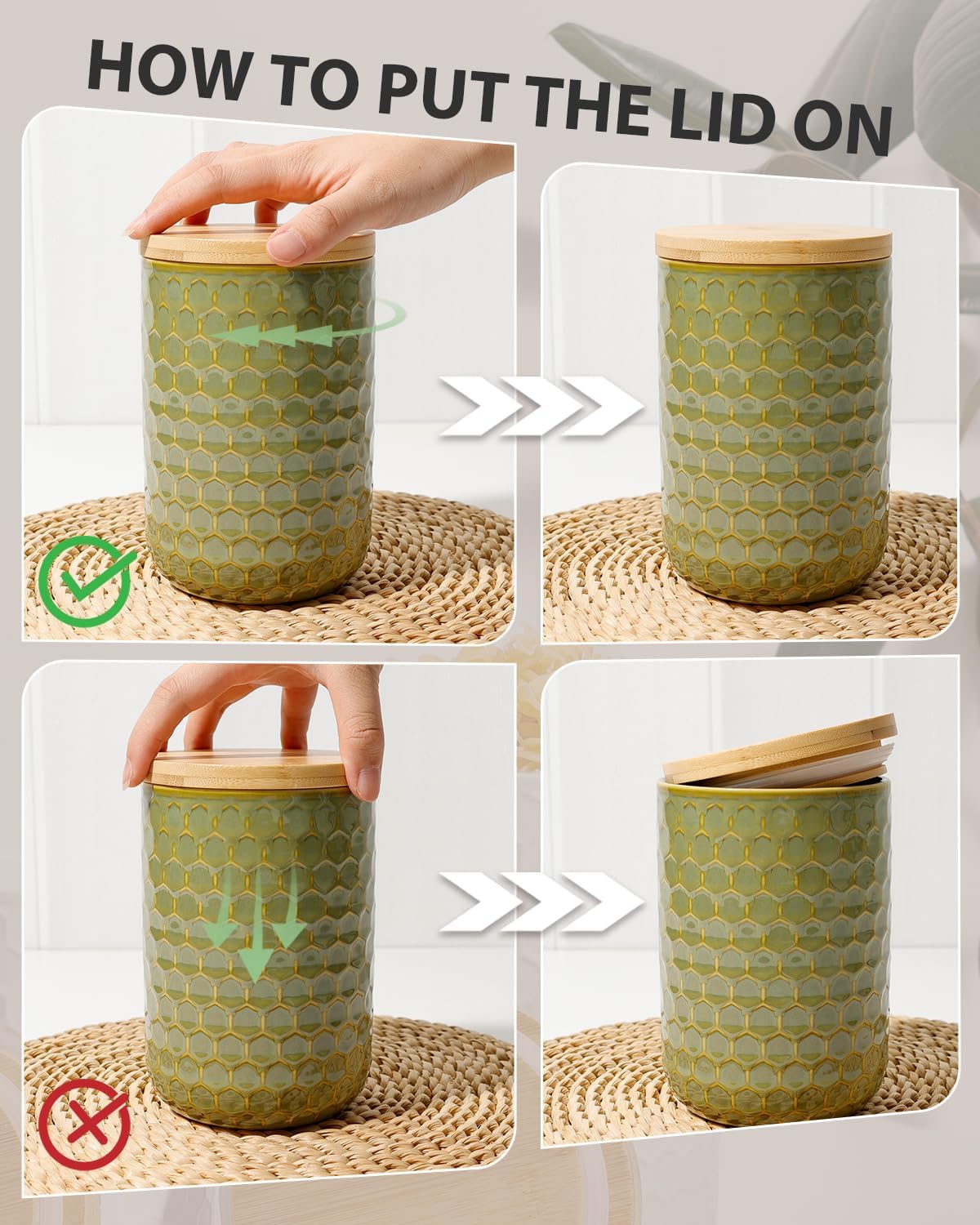 Kitchen Canisters Set with Airtight Bamboo Lid, Pink Honeycomb Design, Ceramic Canister Set of 3, Sugar Flour Coffee Containers for Countertop, Food Storage Container Jars Set (Green)