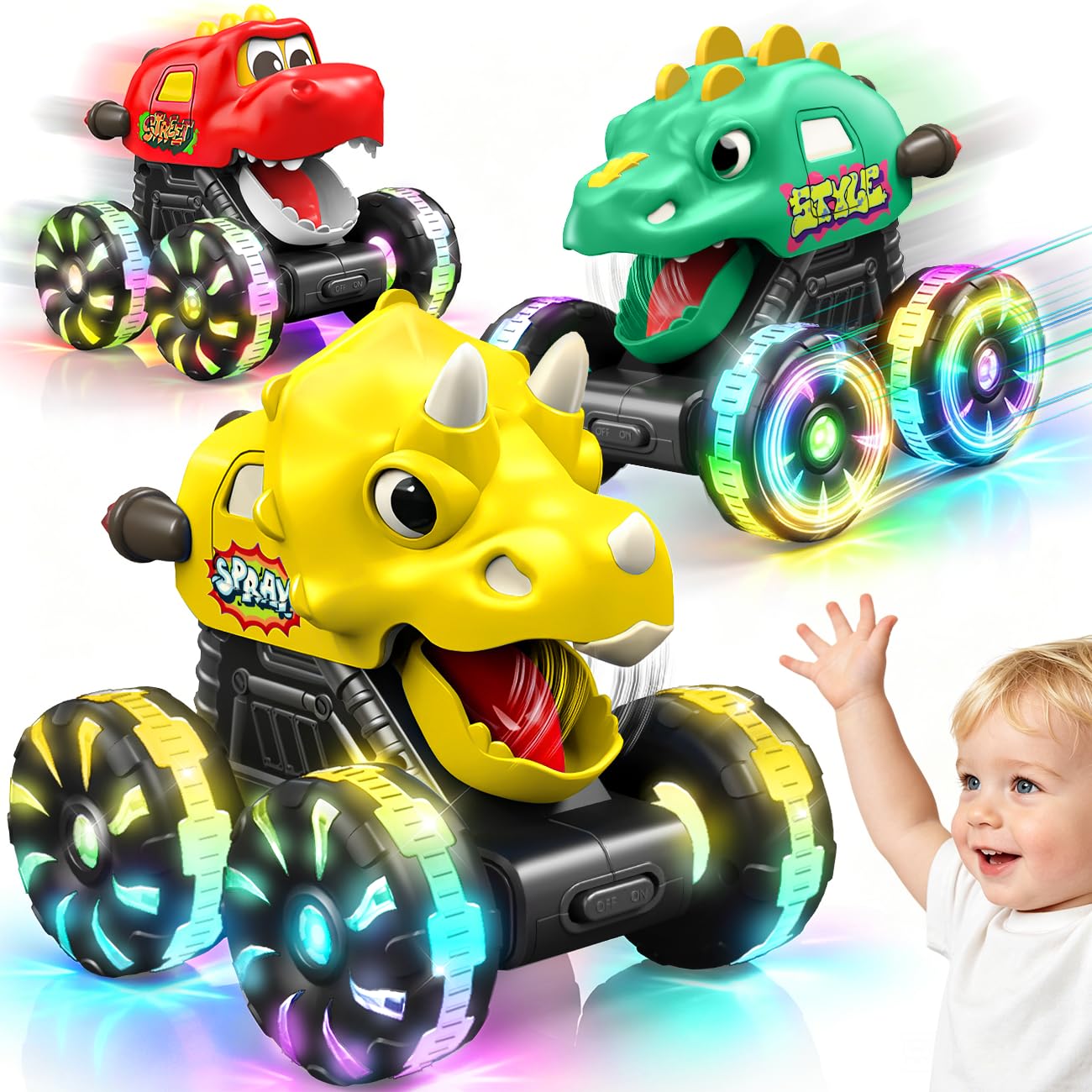 Dinosaur Monster Trucks for Toddlers:3 Pack Glow Cars,Boy,Move Mouth Gifts