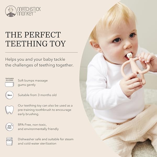 Matchstick Monkey, Original Teether & Gel Applicator, Antimicrobial Silicone Teething Toys for Baby, Easy to Grip, BPA Free, 3 Months Old+, 10.5 cm, Dusty Pink Monkey - 3