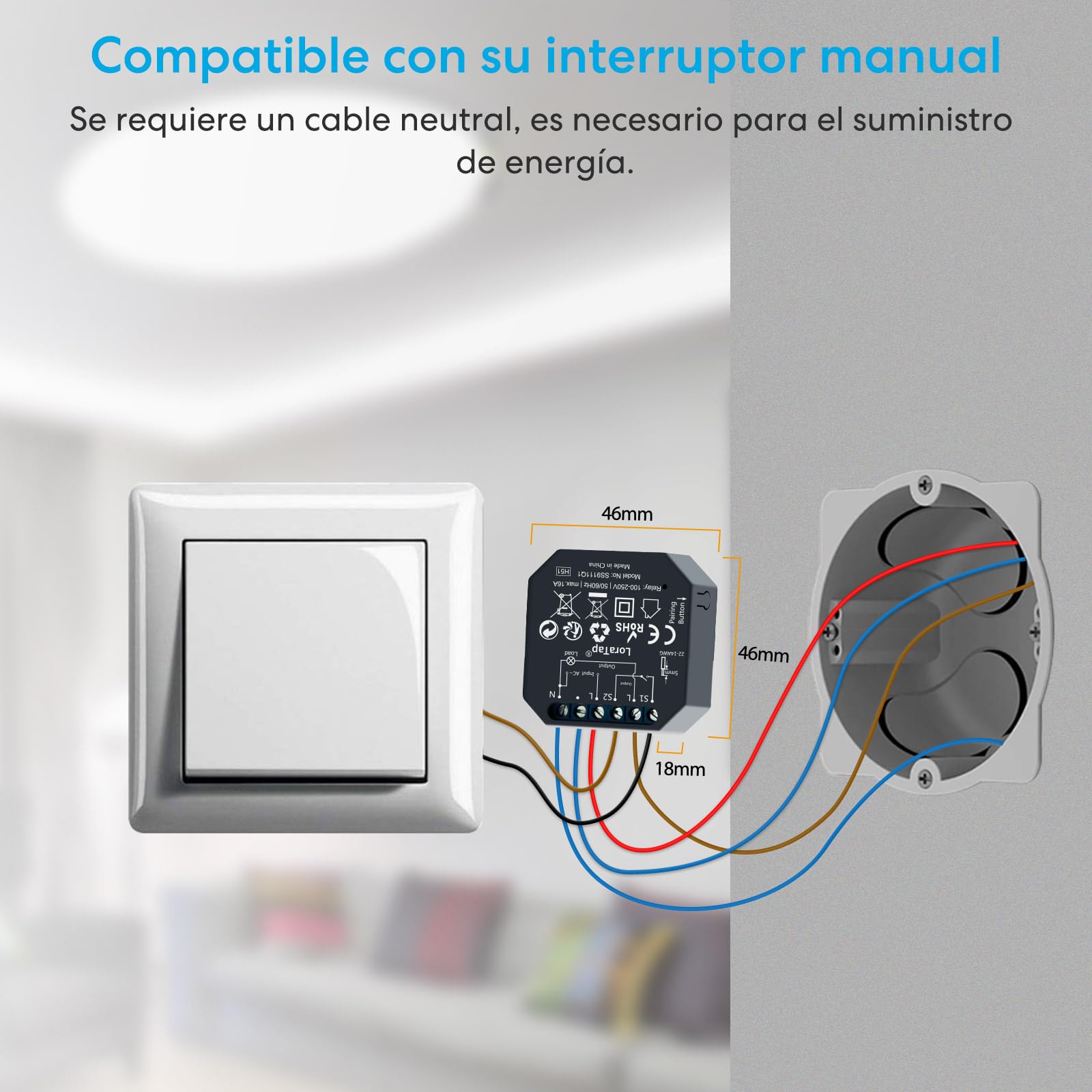 Interruptor de Luz Inalámbrico LoraTap, Mando a Distancia y 3 Receptor de Relé 10A, Interruptor Inalámbrico de Pared a 3 Gang para Lámparas y Electrodomésticos, RF Control Remoto de hasta 200m