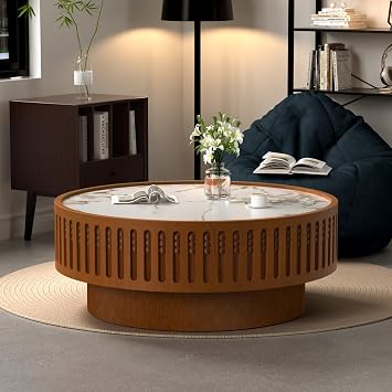 Round Fluted Coffee Table 35.4" Wood Drum with Sintered Stone Round 35.4"