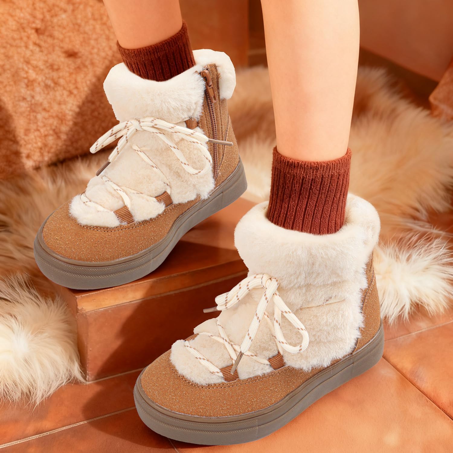 Toddler Girl Snow Boots with Side Zipper, Warm Faux Fur-Lined Winter Boots for Girls, Anti-Slip Sole, Easy On/Off, Outdoor Cold-Weather Shoes