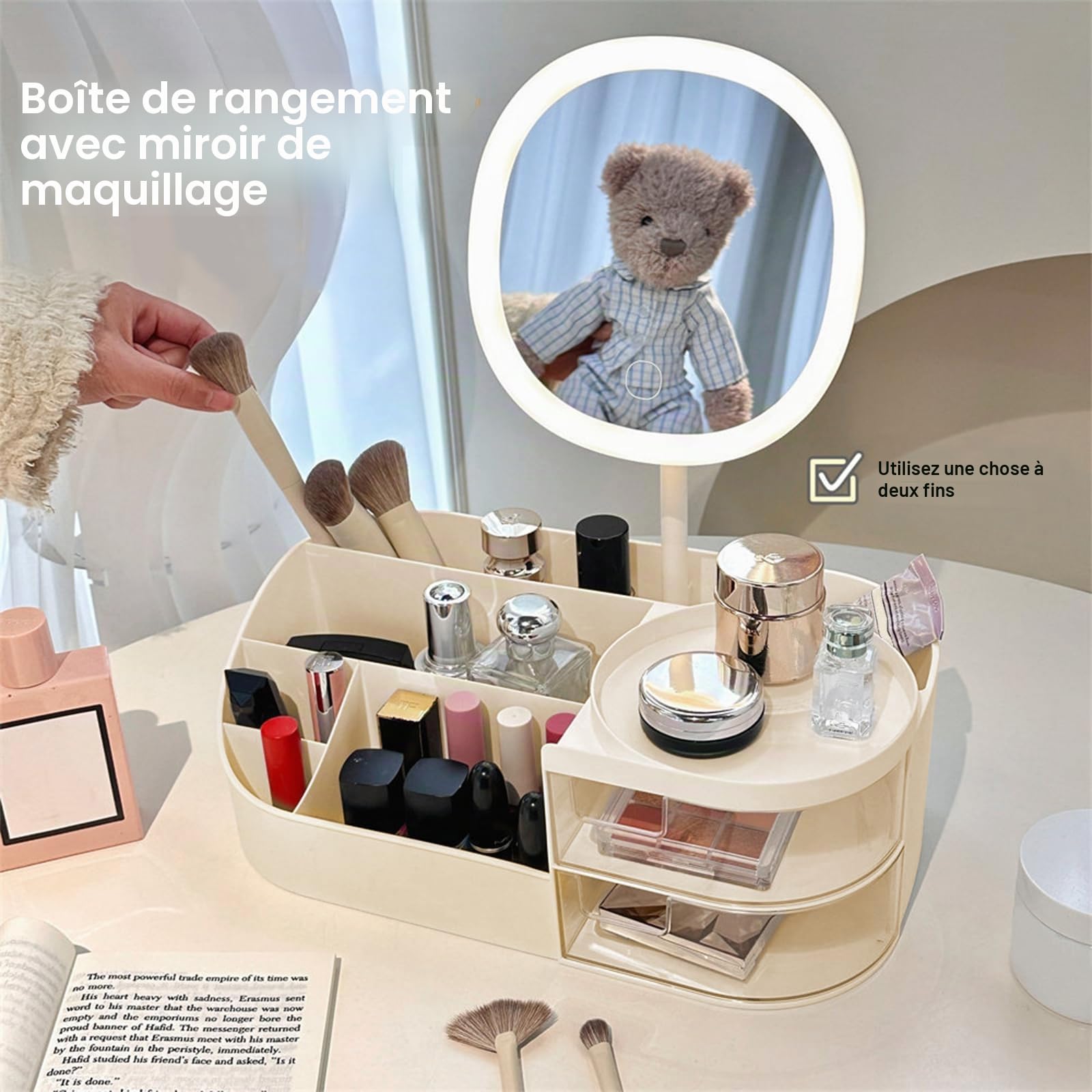 DASITON Rangement Maquillage avec LED Miroir, Rangement Pinceaux Maquillage avec 2 Tiroirs, Rangement Skincare Boite Maquillage Organisateur Cosmétique pour Coiffeuse, Salle de Bain, Chambre (Crème)