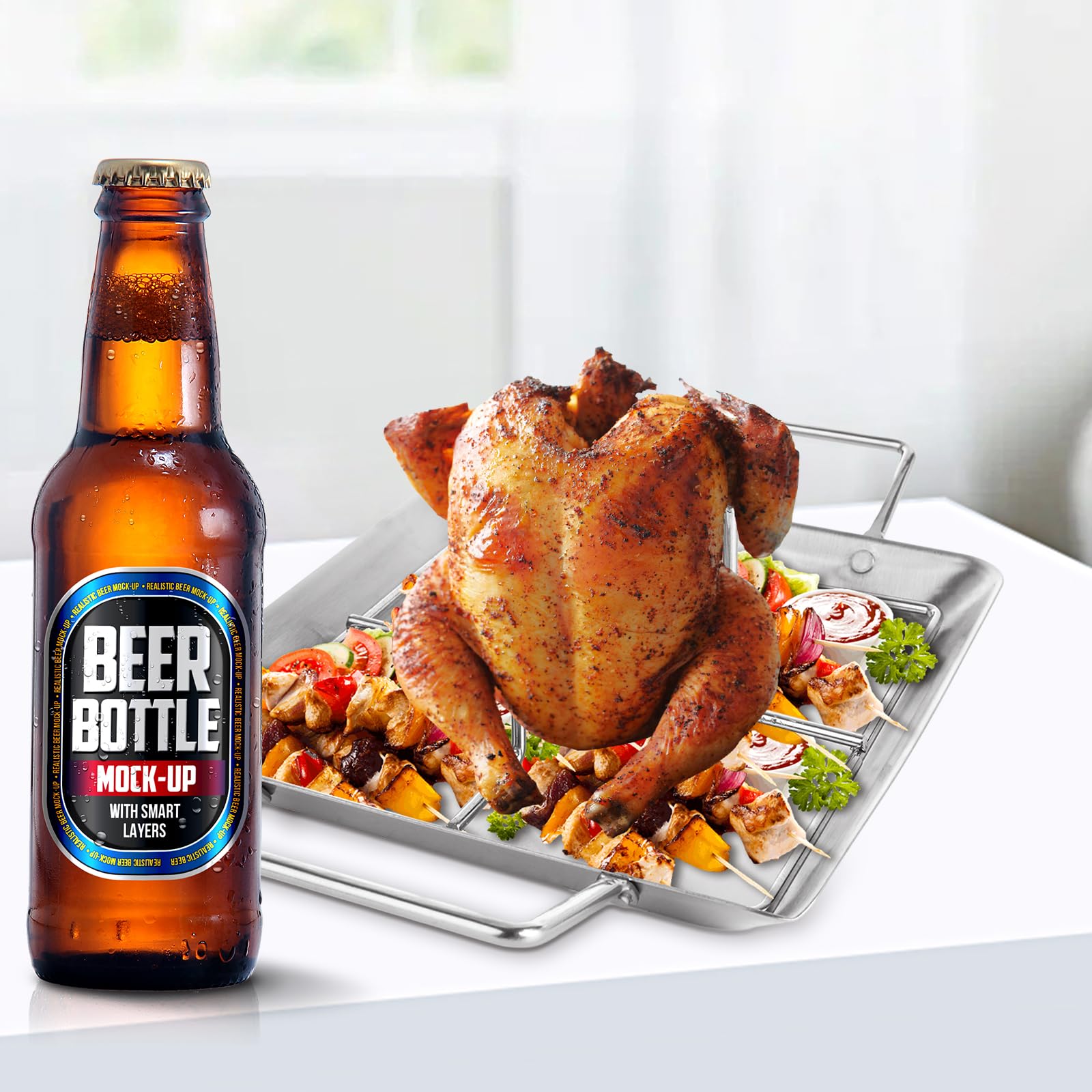 Paquete de 2 soportes para latas de cerveza, de acero inoxidable, bandeja de goteo vertical resistente para asar pollos para parrilla horno barbacoa (2 sartenes + 2 estantes)