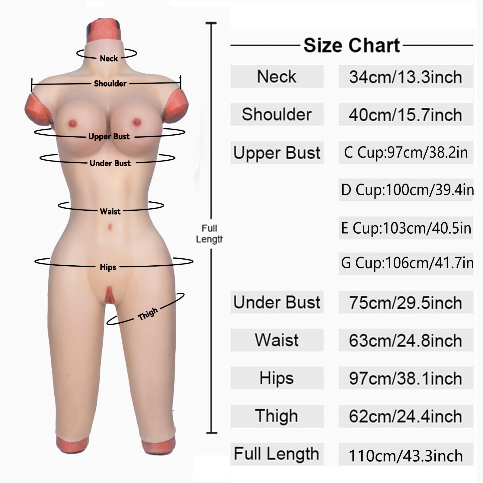 Body in silicone lungo fino al ginocchio, coppa C-G, body finto, body in silicone Darg per crossdresser transgender Dargqueen