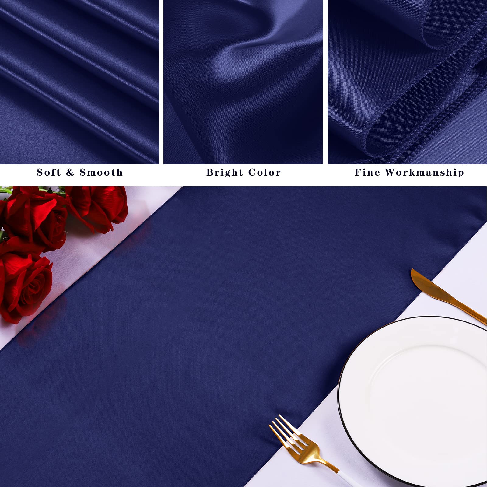 TURSTIN 24 Pack Satin Table Runner 12 x 108 Inch Long Bright Silk Table Runner Smooth Fabric Table Decor Dinner Party Table Runner for Wedding Banquet Party Decoration, Navy Blue