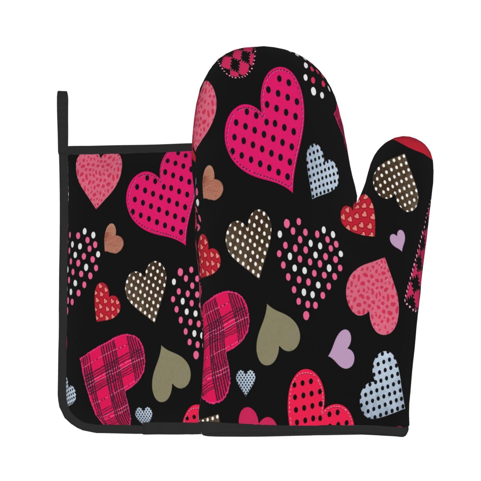 Valentines Oven Mitts and Pot Holders Sets Love Heart Polka Dot Oven Mitts Heat Resistant Valentine Day Kitchen Gloves Vintage Hot Pads Two Piece Set for Cooking Baking Grilling BBQ