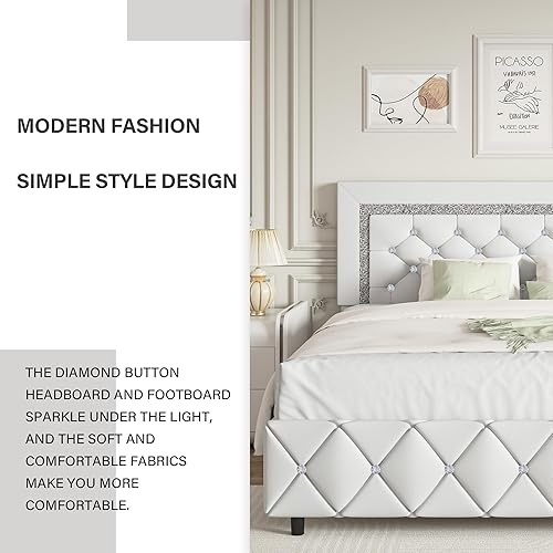 Miniatura 61 de BarnFurin - Base de cama matrimonial con cabecera capitoné, plataforma tapizada con diseño de diamante, base de colchón, soporte de listones de