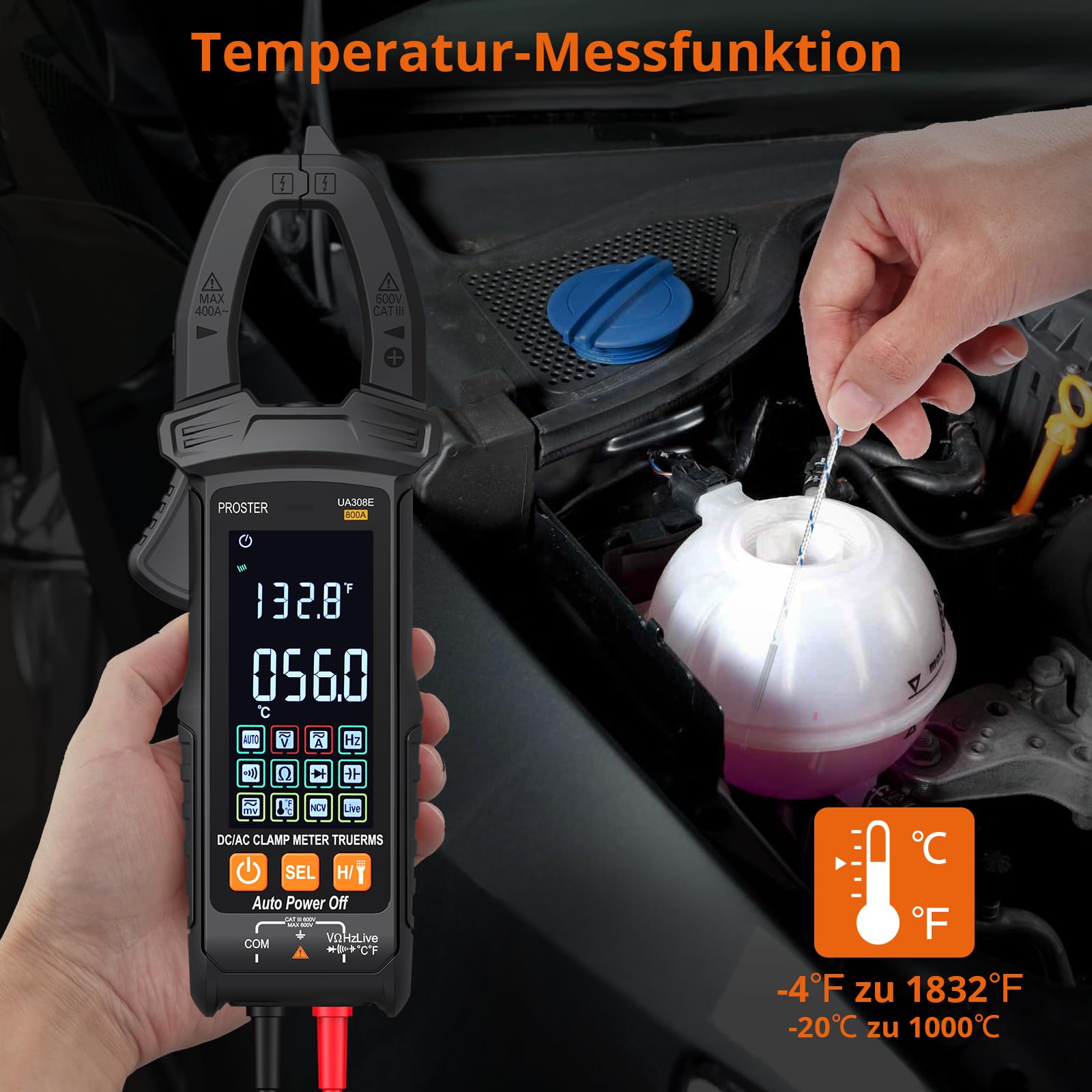 Proster Stromzange 6000 Zählungen Auto Range 800A AC/DC Strom 600V AC/DC Spannung NCV Stromführende Leitung Widerstand Diode Temperatur Kontinuität mit Aufbewahrungstasche Messleitungen
