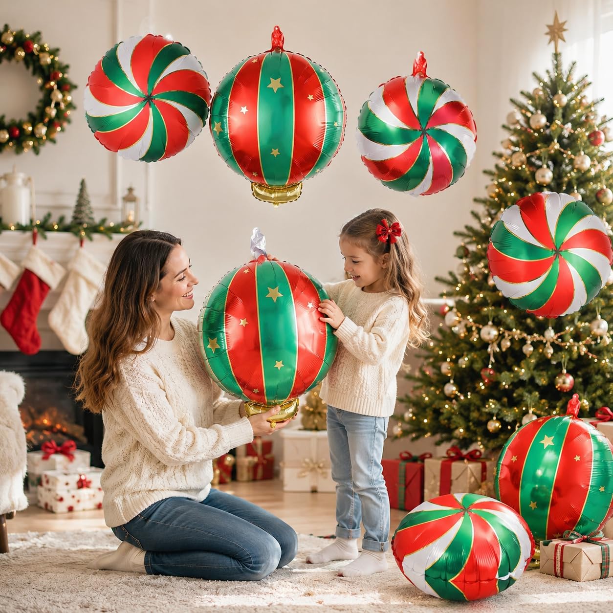 Weihnachten Folienballons Set, 9 Stück Groß Weihnachts Deko Süßigkeiten Hängende Weihnachtskugel Helium Ballons, Rot Grün Gold Weihnachtsdeko Bonbon Candy Luftballons für Christmas Party Dekoration