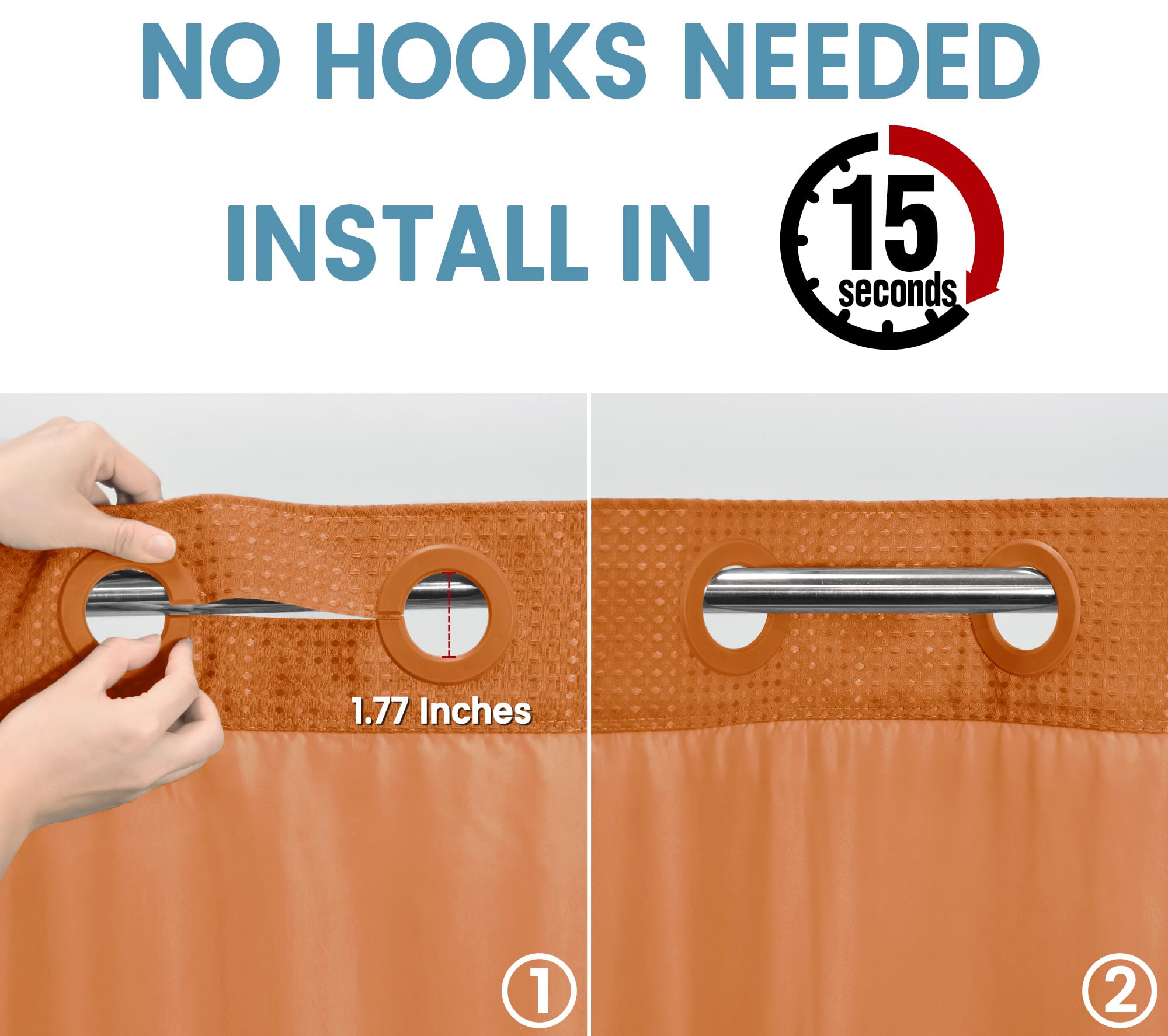 EUTXL Rideau de Douche sans Crochet avec Doublure à Clipser – 230 g/m² – Rideau de Douche à Tissage gaufré pour Salle de Bain – Orange brûlé – 180 x 188 cm (l x H)