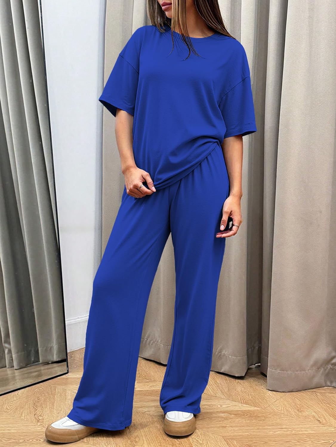 HBQ Women's 2 Piece Outfits Loose Fit Tops Wide Leg Pants Short Sleeve Lounge Matching Sets Sweatsuits - Image 6