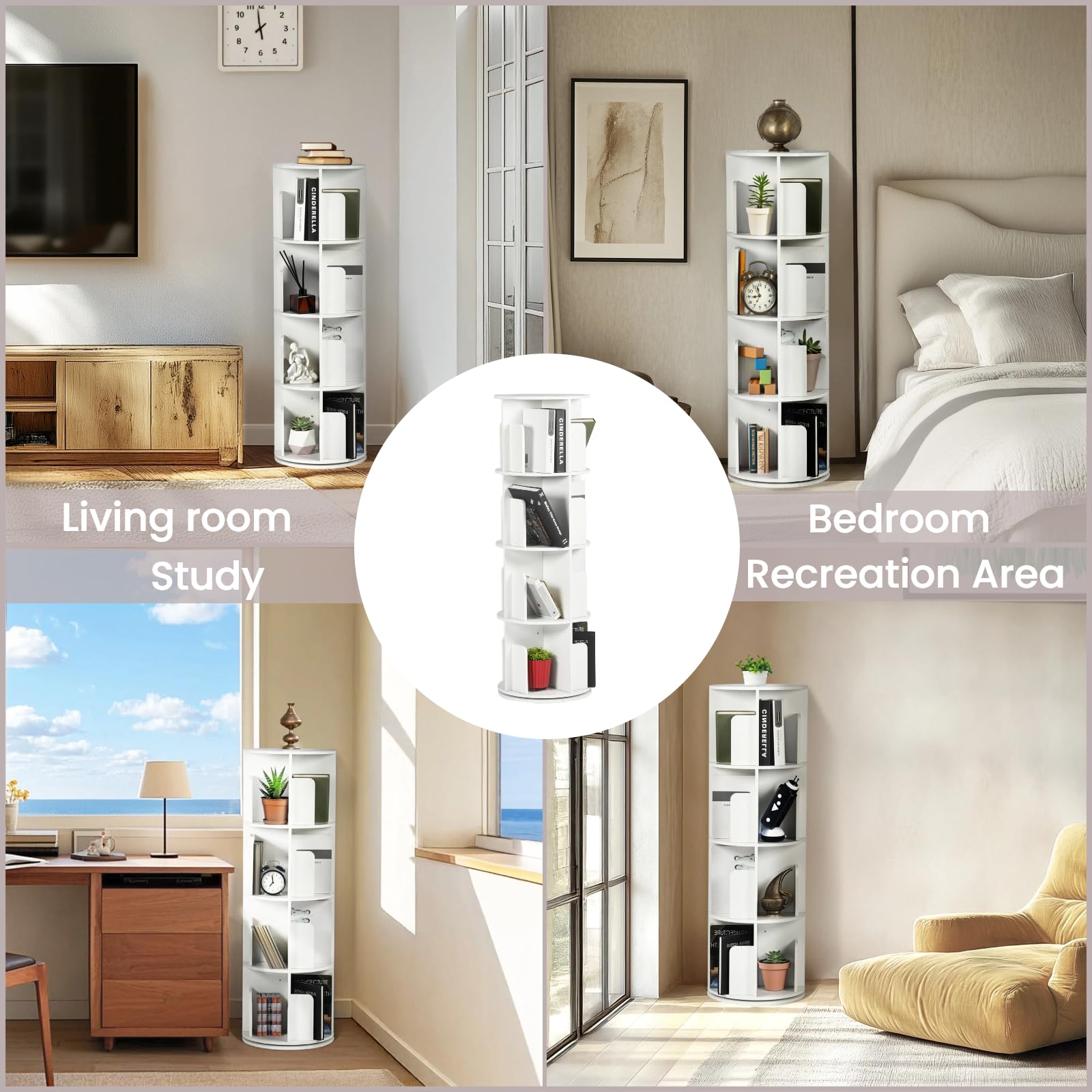 Bibliothèque Rotative, 4 Niveaux et 16 Compartiments, Base Ronde rotative à 360°, Convient pour Salon, Chambre, Bureau, Chambre d'enfant, 39×128cm (φ×H), Blanc