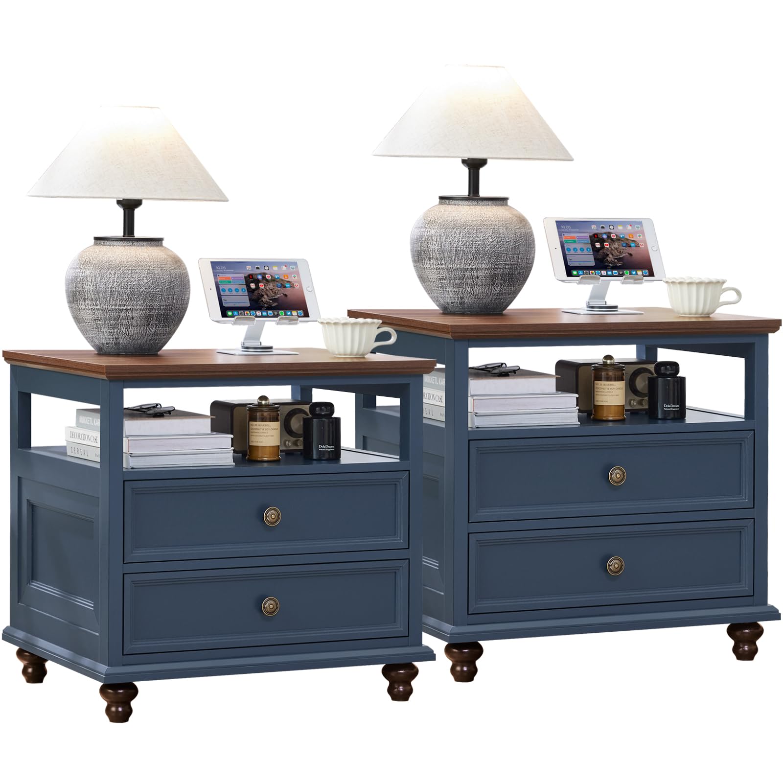 Joaxswe 24" Wide Farmhouse Night Stand Set of 2,Large End Table with 2 Drawers &amp; Metal Handle,Blue Wood Dresser for Bedroom, Bed Side Table Chest of Drawers Cabinet, Nightstand for Living Room,Closet