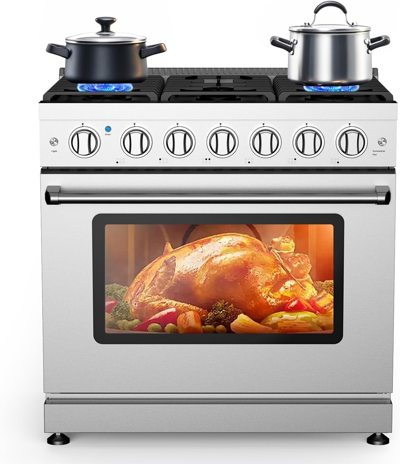 36" Gas Range with 6 Sealed Burner, Freestanding & Slide-In Full Gas Range Stove with 6 Cu.Ft. Convection Oven, Heavy Duty Grates, Storage Drawer, In Stainless Steel, Silver