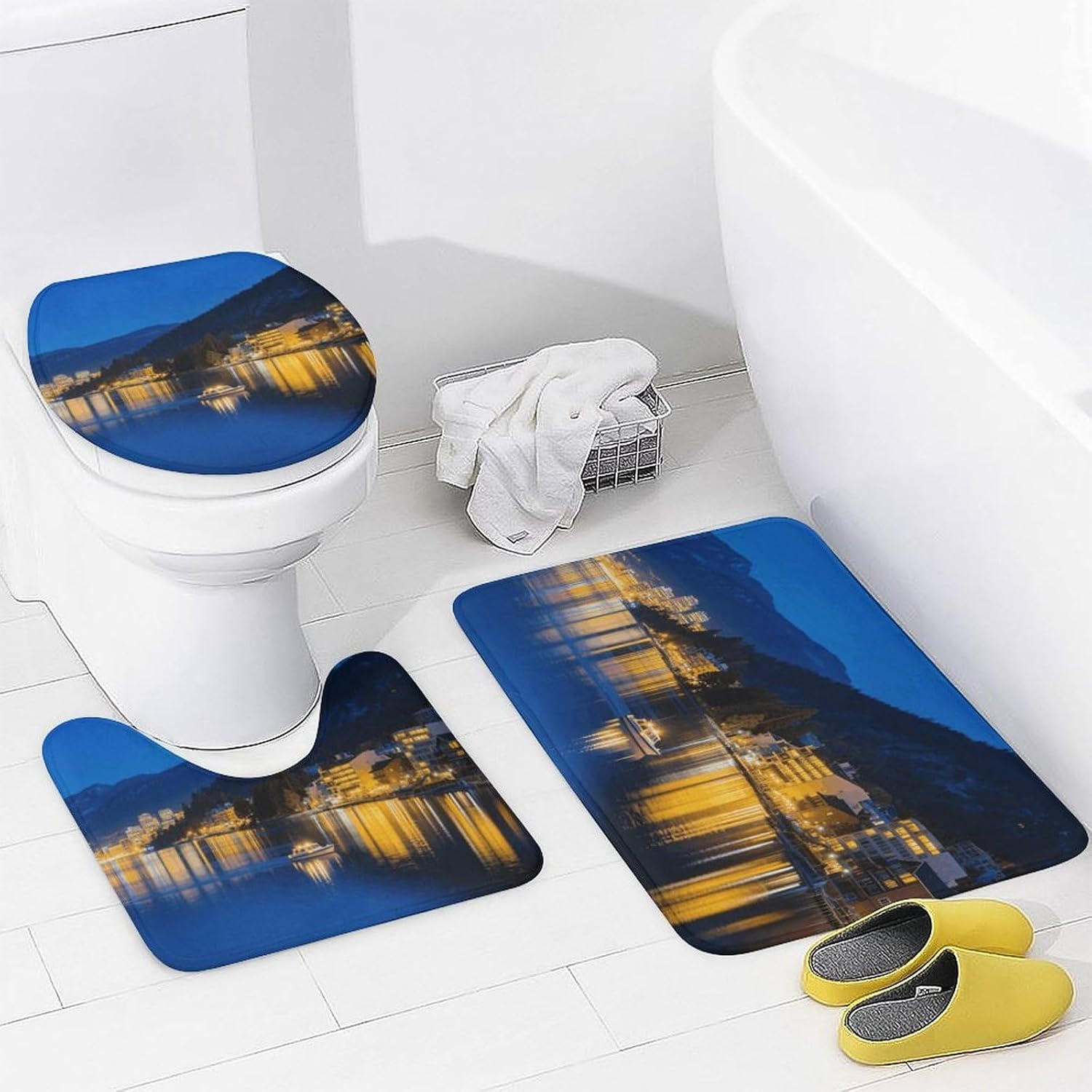Blue Lake Tahoe Shower Curtain Set 4 Piece, Non-Slip Bath Mat with Toilet Lid Cover and Waterproof Shower Curtain with 12 Hooks, Complete Bathroom Set for Home Decor