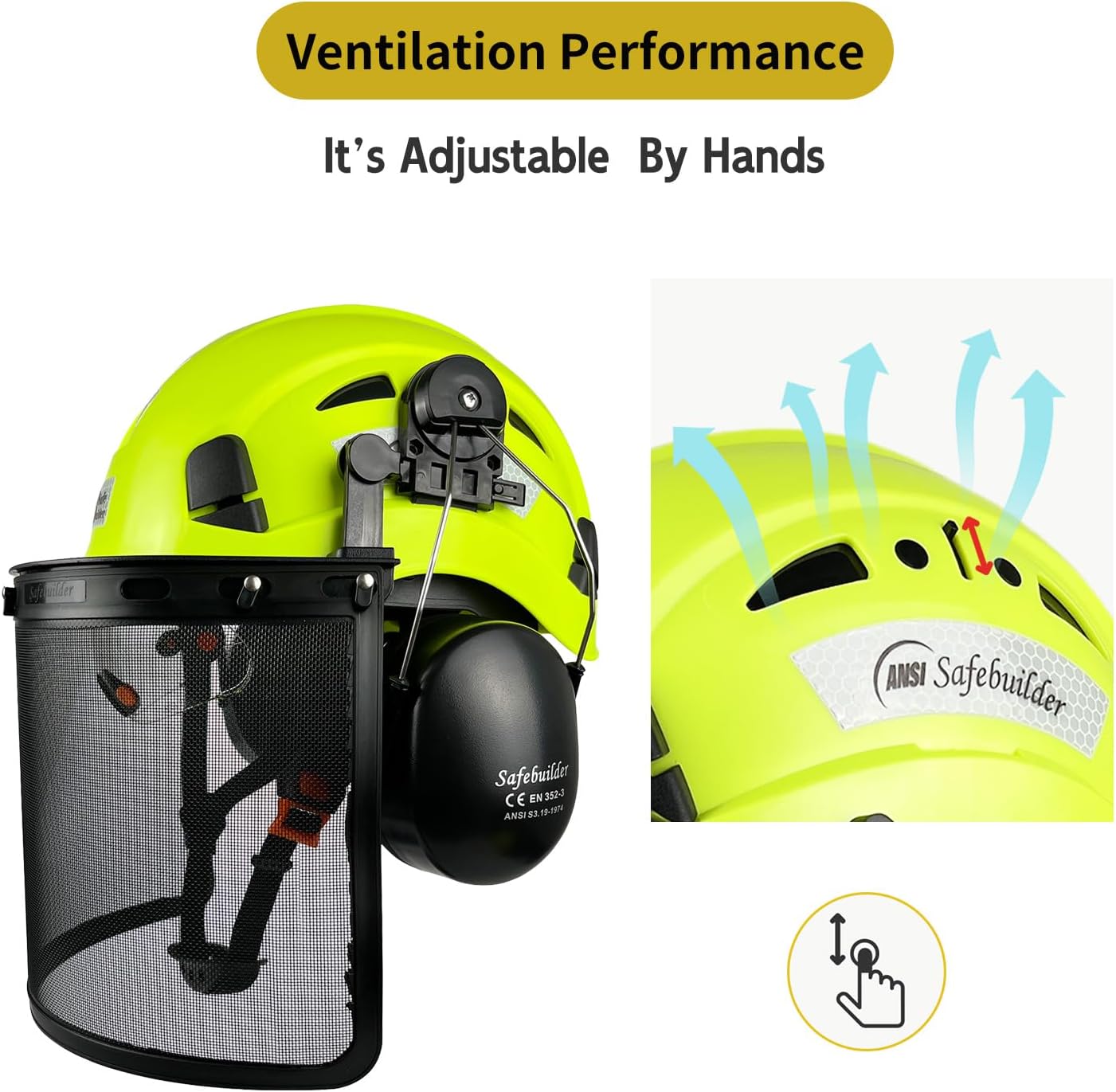 SAFEBUILDER Forestry Safety Helmet with Build-in Visor Mesh Face Shield Ear Muffs 4 in 1 Chainsaw Safety Hard Hats
