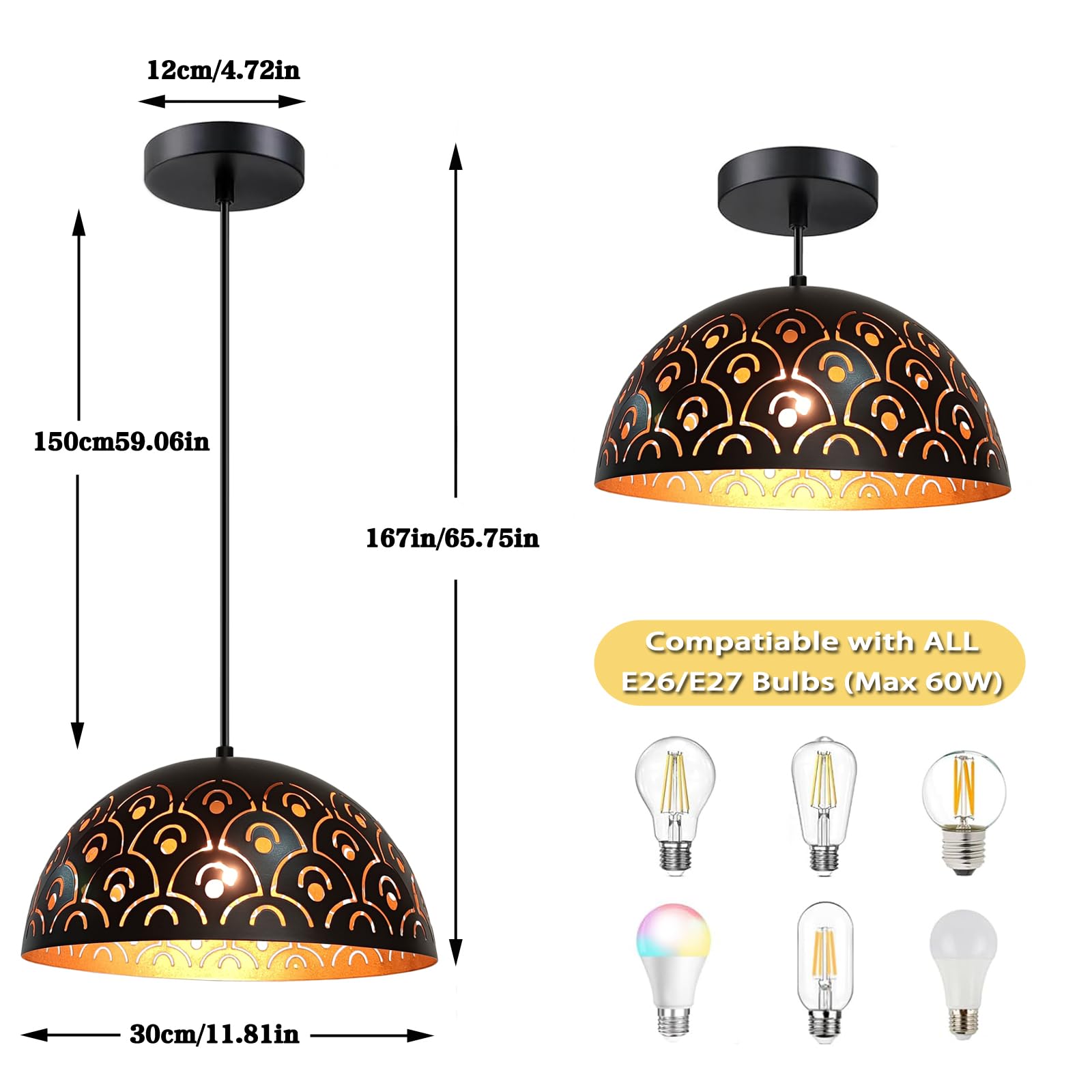 Suspension Luminaire Noir Or Vintage E27, Lampe Suspendue Industrielle Hauteur Réglable Lustre Creux Rétro en Métal Suspendu Lumières pour Salon Chambre Salle à Manger Cuisine Restaurant Ø: 30 cm
