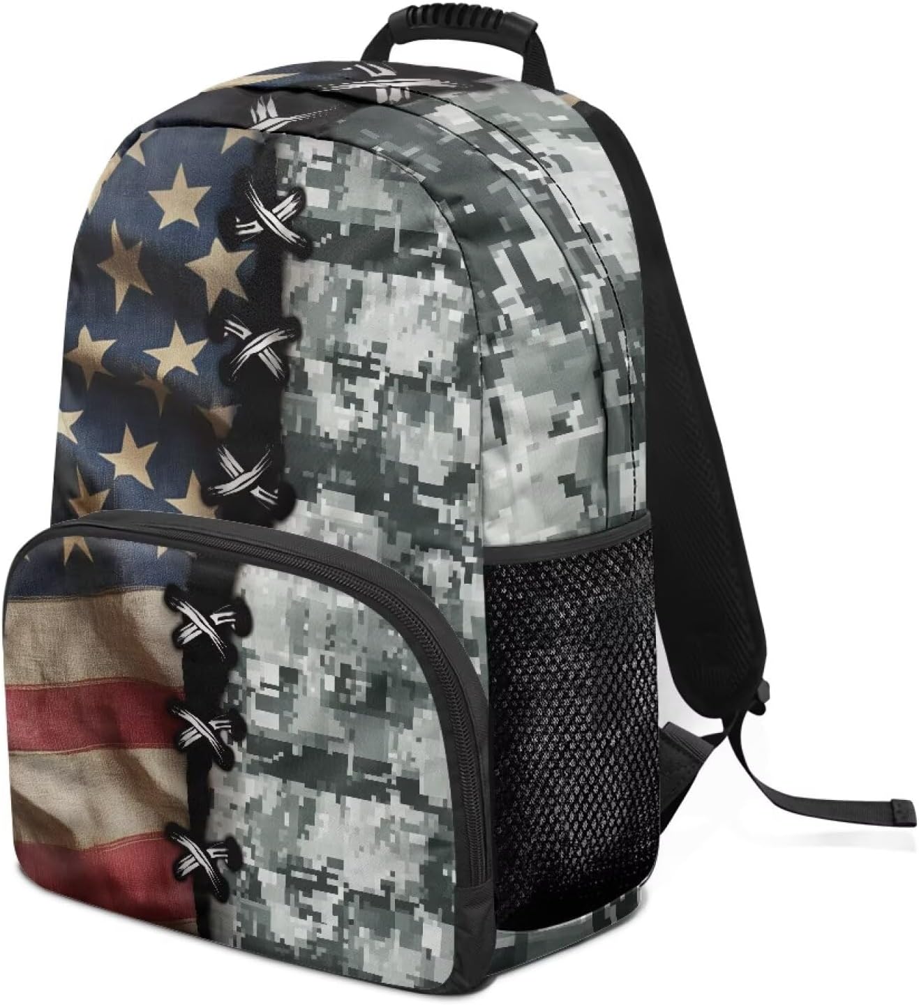 Kids Hunting Backpack Camo American Flag Primary School Bag 17 Inch Bookbag Lightweight Travel Rucksack with Handle Large Capacity Daypack for Boys