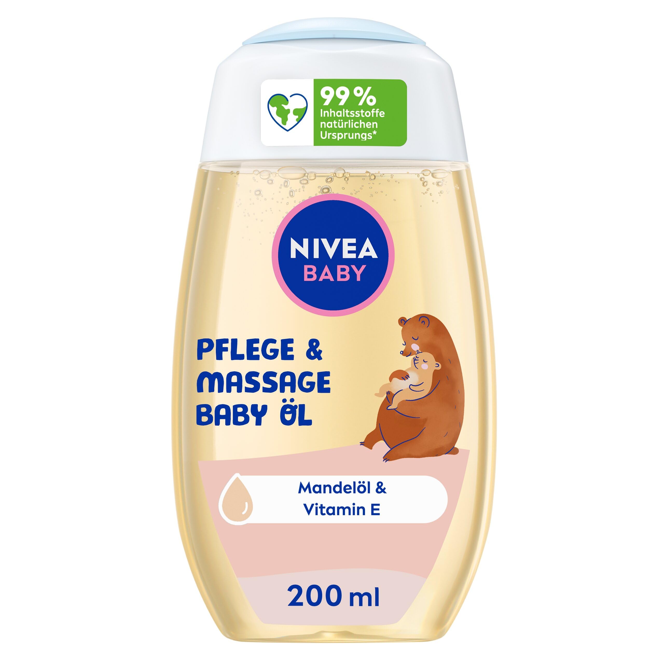 NIVEA BABY Pflege und Massage Öl, pflegendes Babyöl für die zarte Babyhaut mit Mandelöl und Vitamin E, Hautpflege schützt und stärkt empfindliche Haut (200 ml)