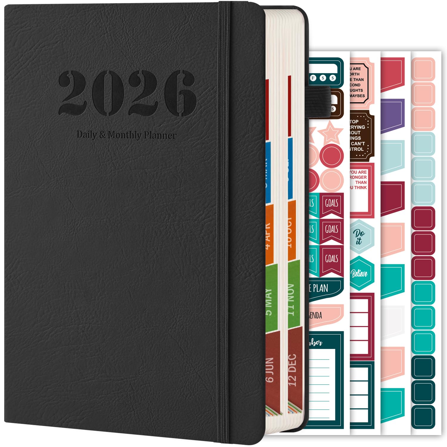 2026 Diary, 2026 Planner Daily and Monthly, Diary A5 Page a Day Jan 2026 - Dec 2026, Appointment Book with Hourly Schedule | Monthly Tabs | 4 Planning Stickers | Inner Pocket, Black, 21.5 x 14.5 cm